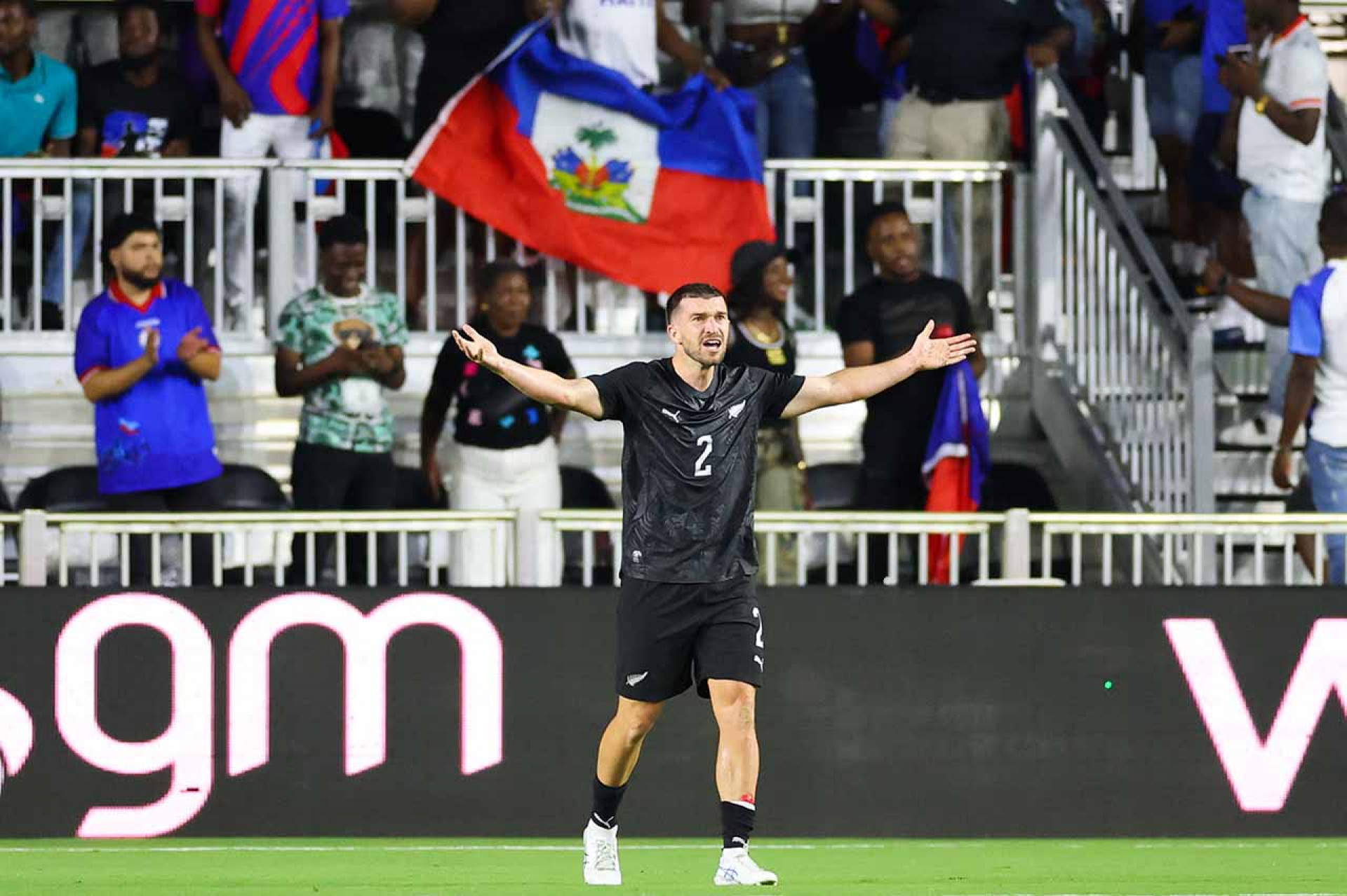 FORT LAUDERDALE, FLORIDA - JUNE 02: Tim Payne #2 of New Zealand reacts in the first half against Haiti during the international friendly match at Chase Stadium on June 02, 2026 in Fort Lauderdale, Florida. (Photo by Megan Briggs/Getty Images)