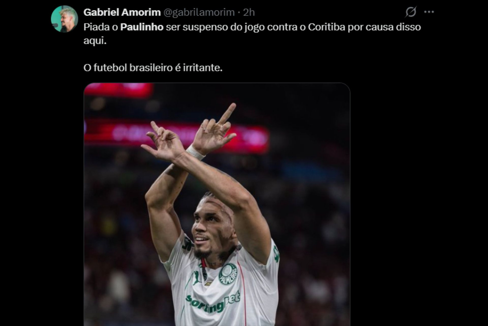 Punição de Paulinho gera revolta entre os palmeirenses - Reprodução / X