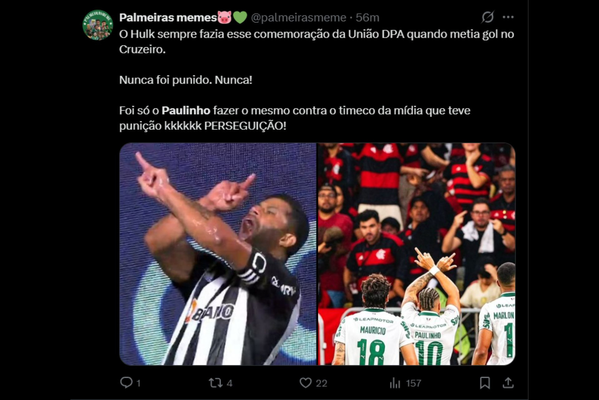 Punição de Paulinho gera revolta entre os palmeirenses - Reprodução / X