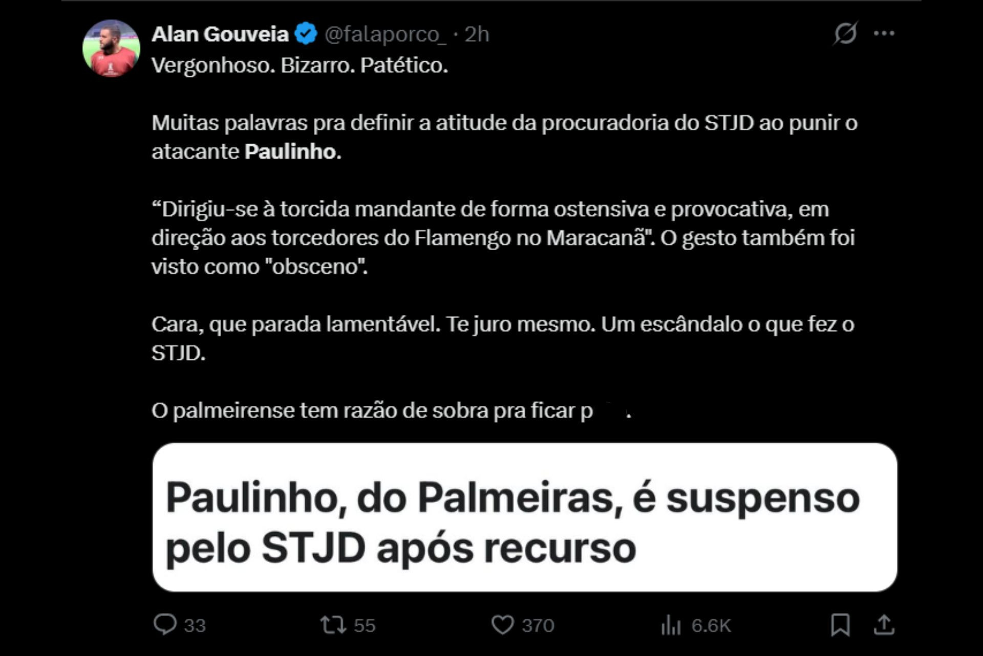 Punição de Paulinho gera revolta entre os palmeirenses - Reprodução / X
