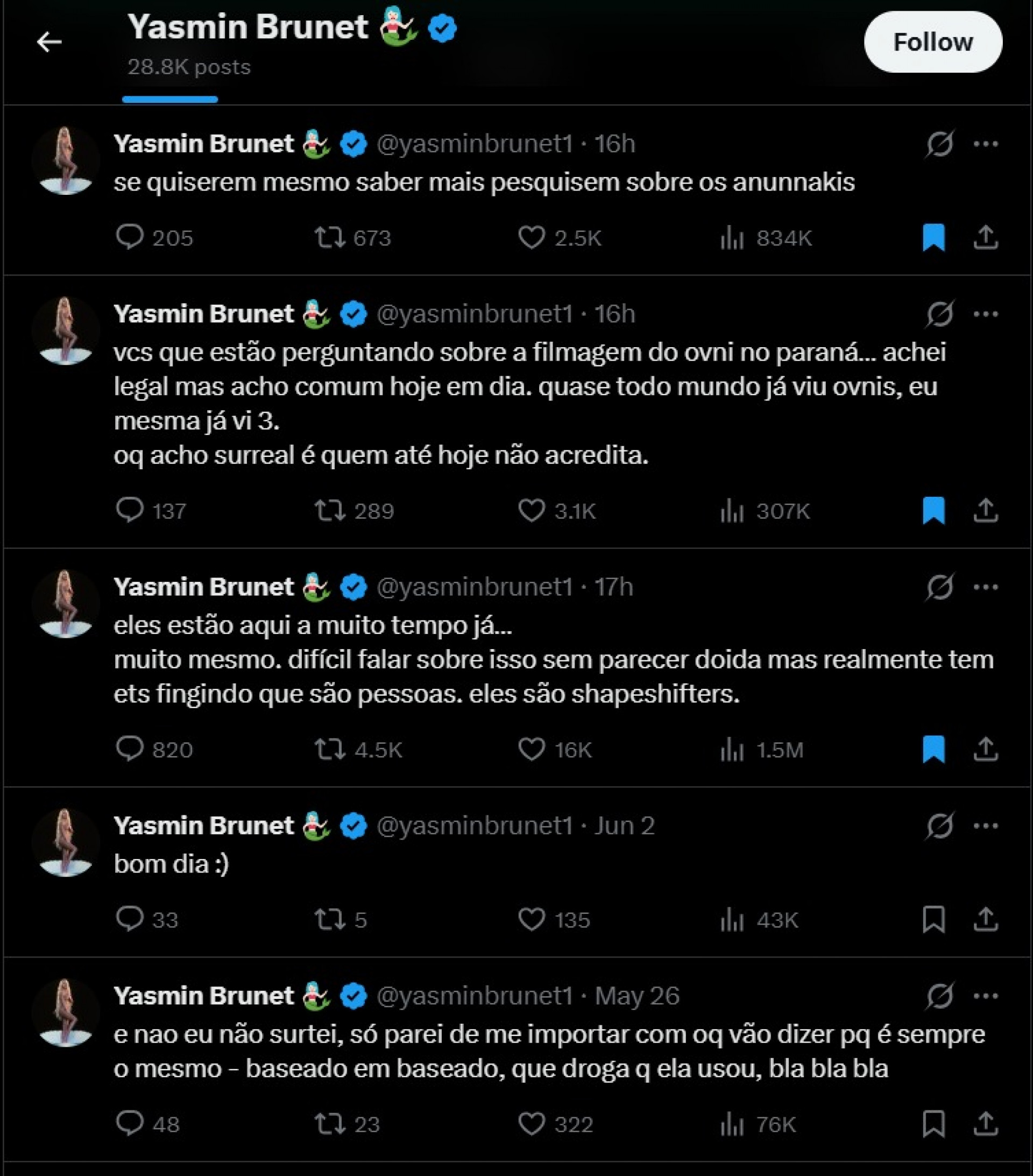 Tweets de Yasmin Brunet após a repercussão de vídeos gravados por Mayk Leão, onde supostamente há presença alienígena, no Paraná - Reprodução / X
