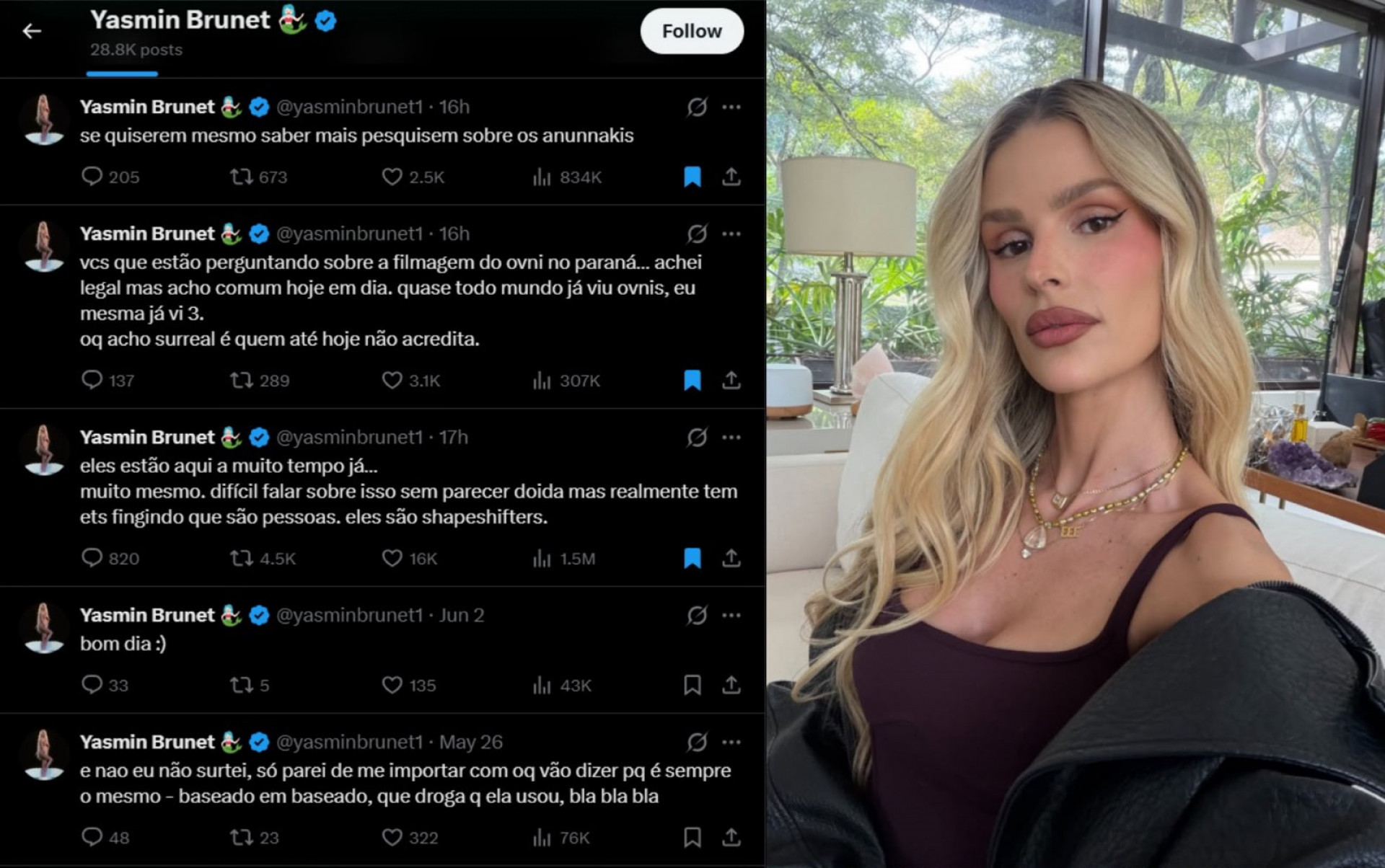 Yasmin Brunet voltou a falar sobre presença alienígena nas redes sociais após a repercussão de vídeos gravados por Mayk Leão, do Paraná - Reprodução / X