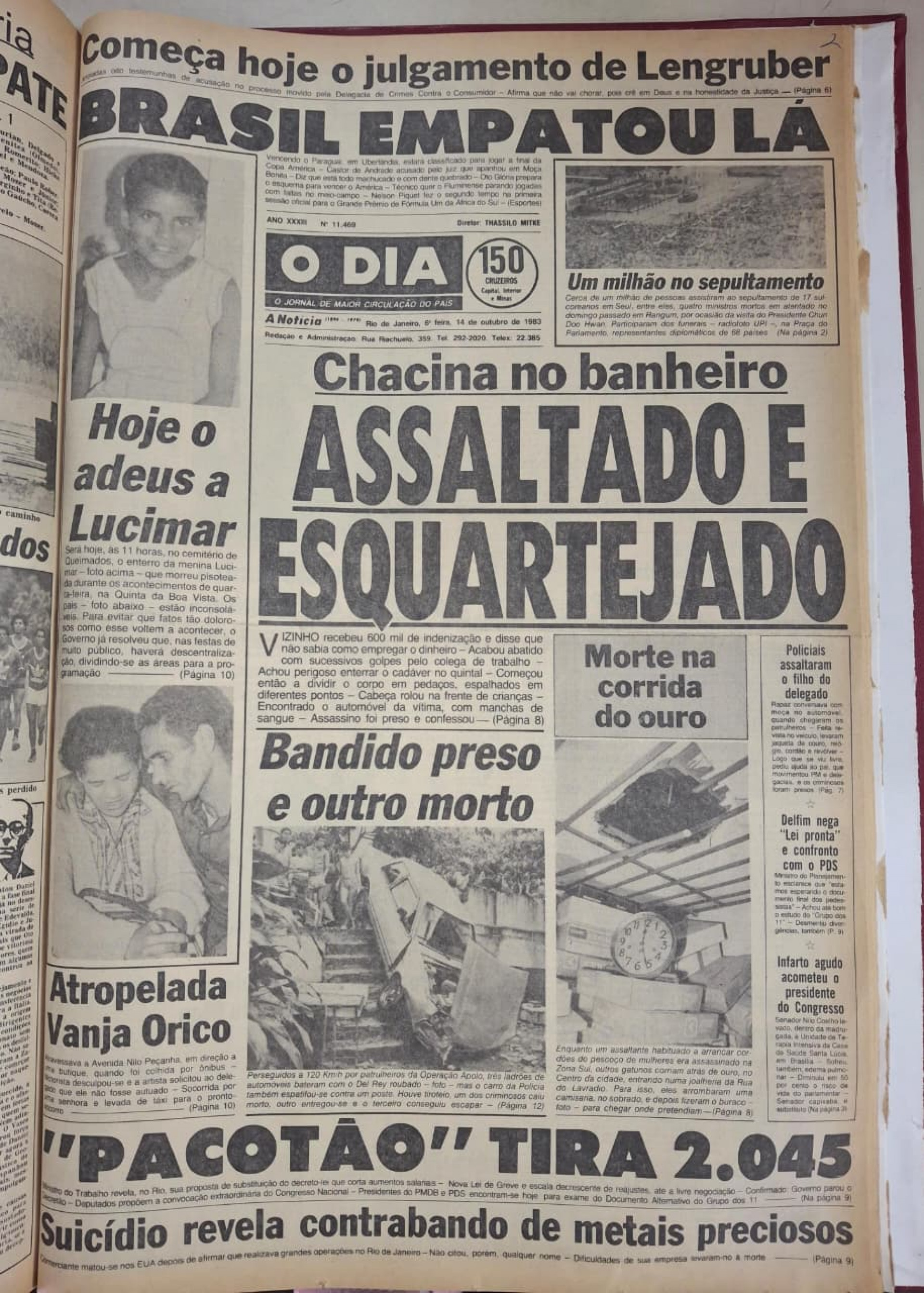 Capa do jornal O DIA de 14 de outubro de 1983 - Reprodu&ccedil;&atilde;o