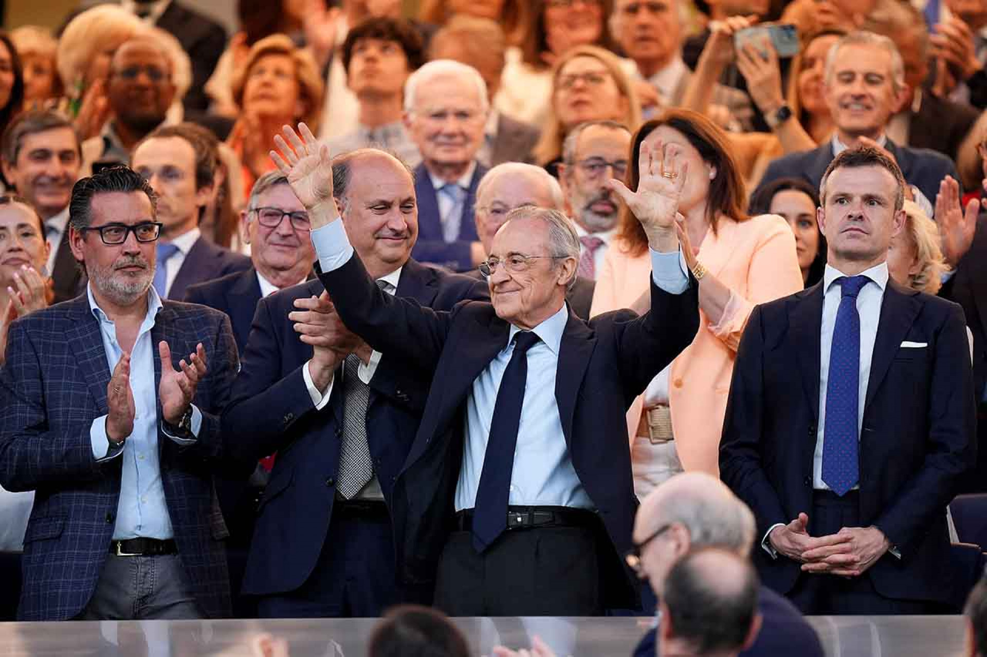 MADRID, SPAIN - MAY 23: Florentino Perez, President of Real Madrid, acknowledges the fans prior to the LaLiga EA Sports match between Real Madrid CF and Athletic Club at Estadio Santiago Bernabeu on May 23, 2026 in Madrid, Spain. (Photo by Angel Martinez/Getty Images)