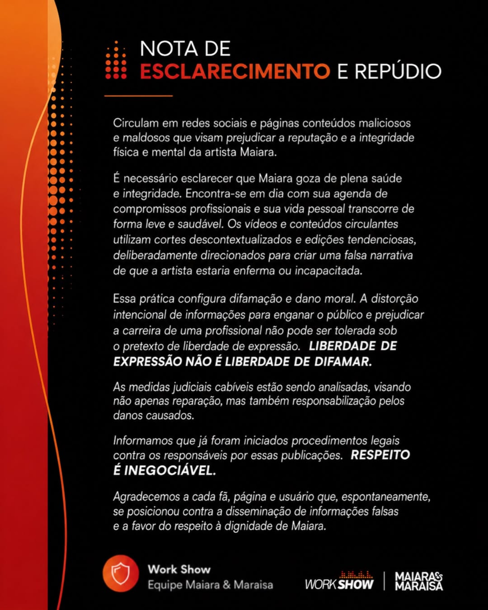 Nota divulgada pela equipe da cantora Maiara  - Reprodução/Instagram 
