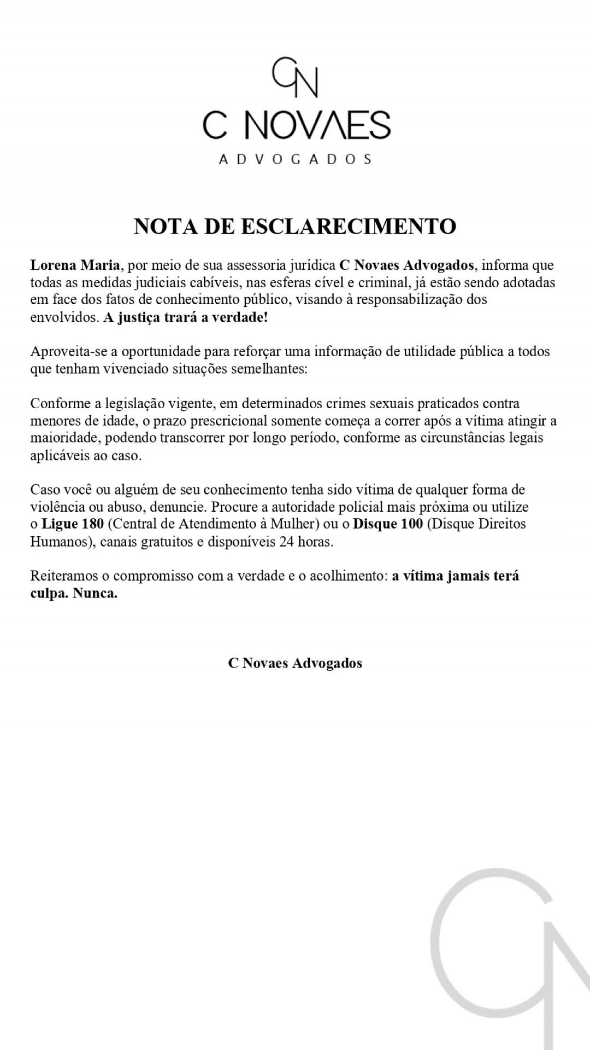 Nota jurídica divulgada no perfil de Lorena Maria - Reprodução/Instagram