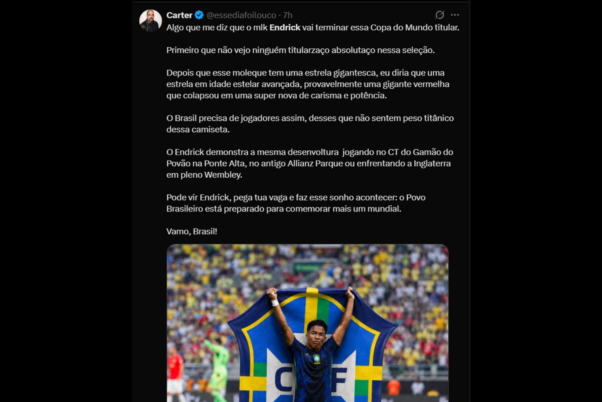 Torcedores pedem titularidade de Endrick na Copa do Mundo - Reprodução / X
