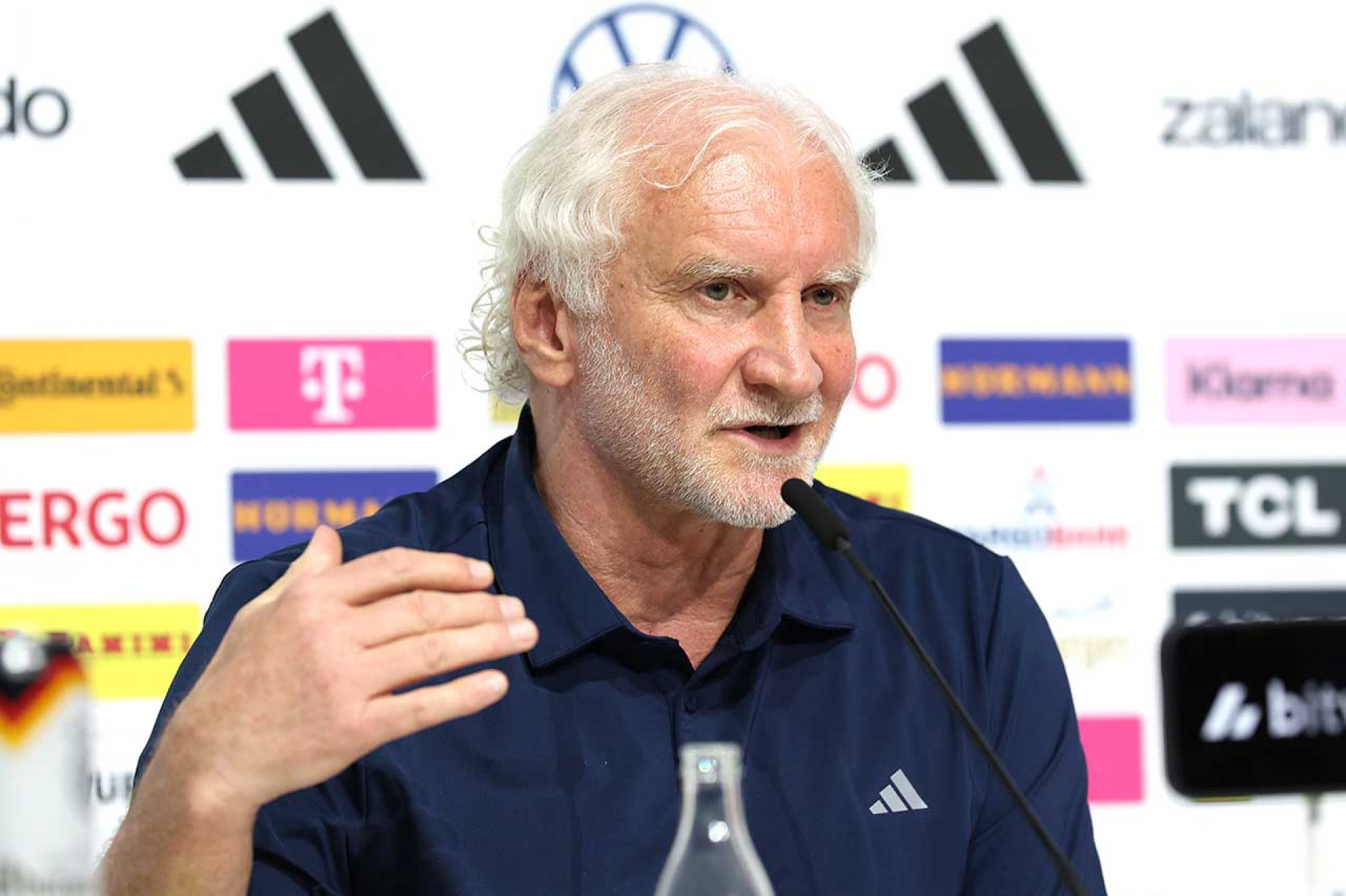 HERZOGENAURACH, GERMANY - MAY 27: Rudi V&ouml;ller, Sporting Director of DFB, talks to the media during a press conference at adidas HQ Homeground Herzo-Base on May 27, 2026 in Herzogenaurach, Germany. Germany are preparing in Herzogenaurach for their upcoming international friendly matches, before heading out to the United States to participate in the FIFA World Cup 2026. (Photo by Alexander Hassenstein/Getty Images)