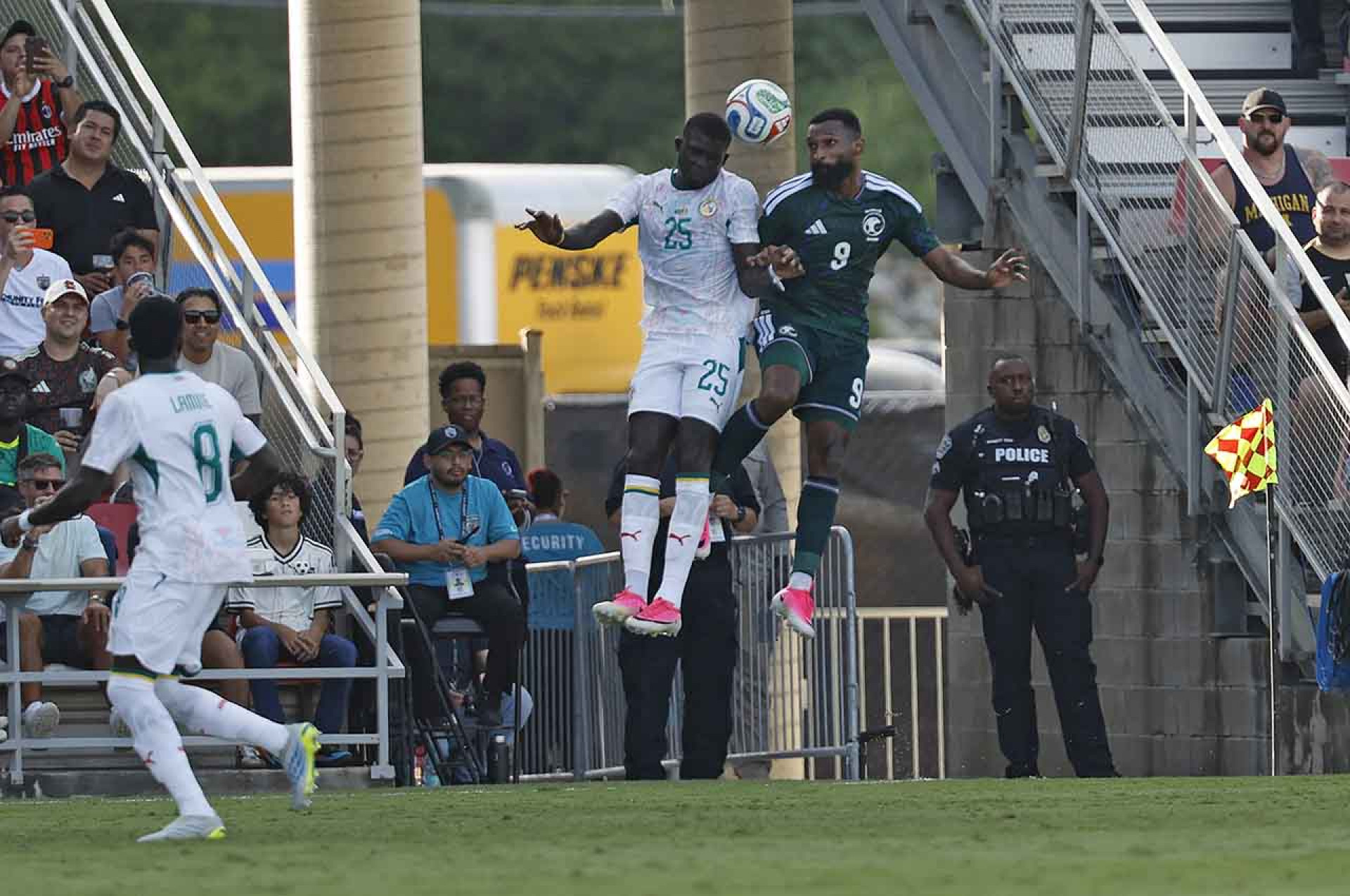 SAN ANTONIO, TX - JUNE 9:  El Hadji Malick Diouf #25 of Senegal battles Feras Al-Brikan #9 of Saudi Arabia in the first half the international friendly match on June 9, 2026 at Toyota Field in San Antonio, Texas.  (Photo by Ronald Cortes/Getty Images)