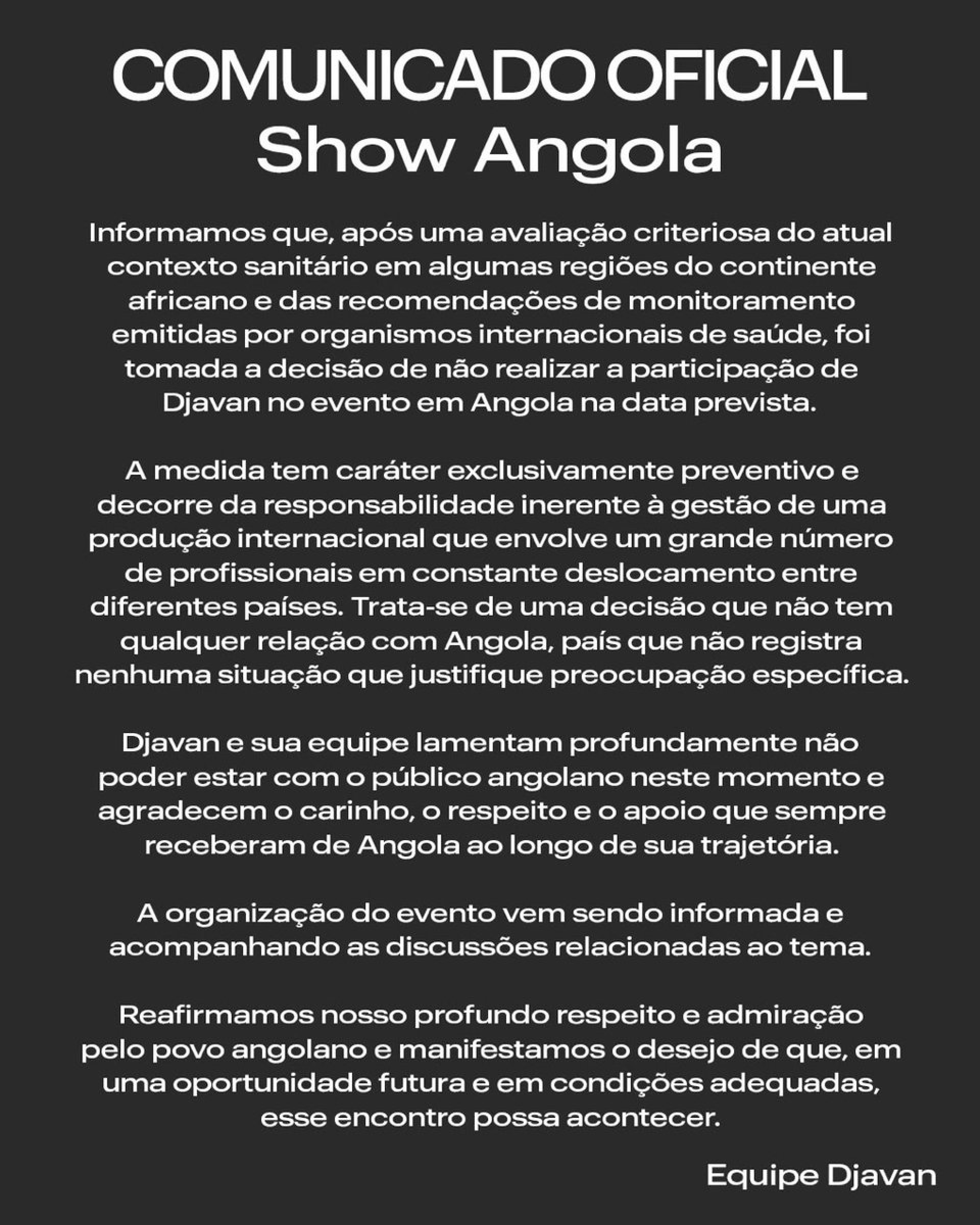 Comunicado divulgado nas redes sociais de Djavan - Reprodução/Instagram