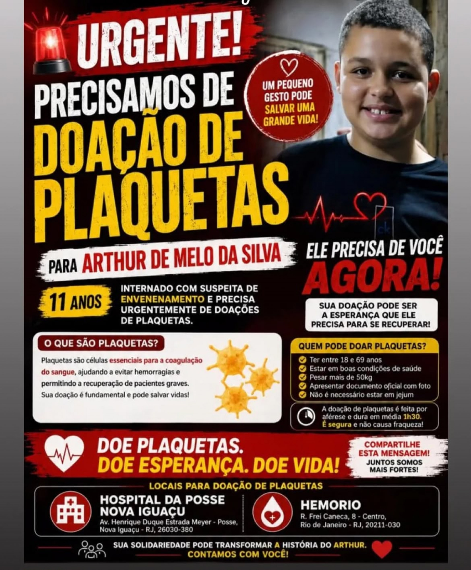 Família faz campanha pedindo doação de plaquetas