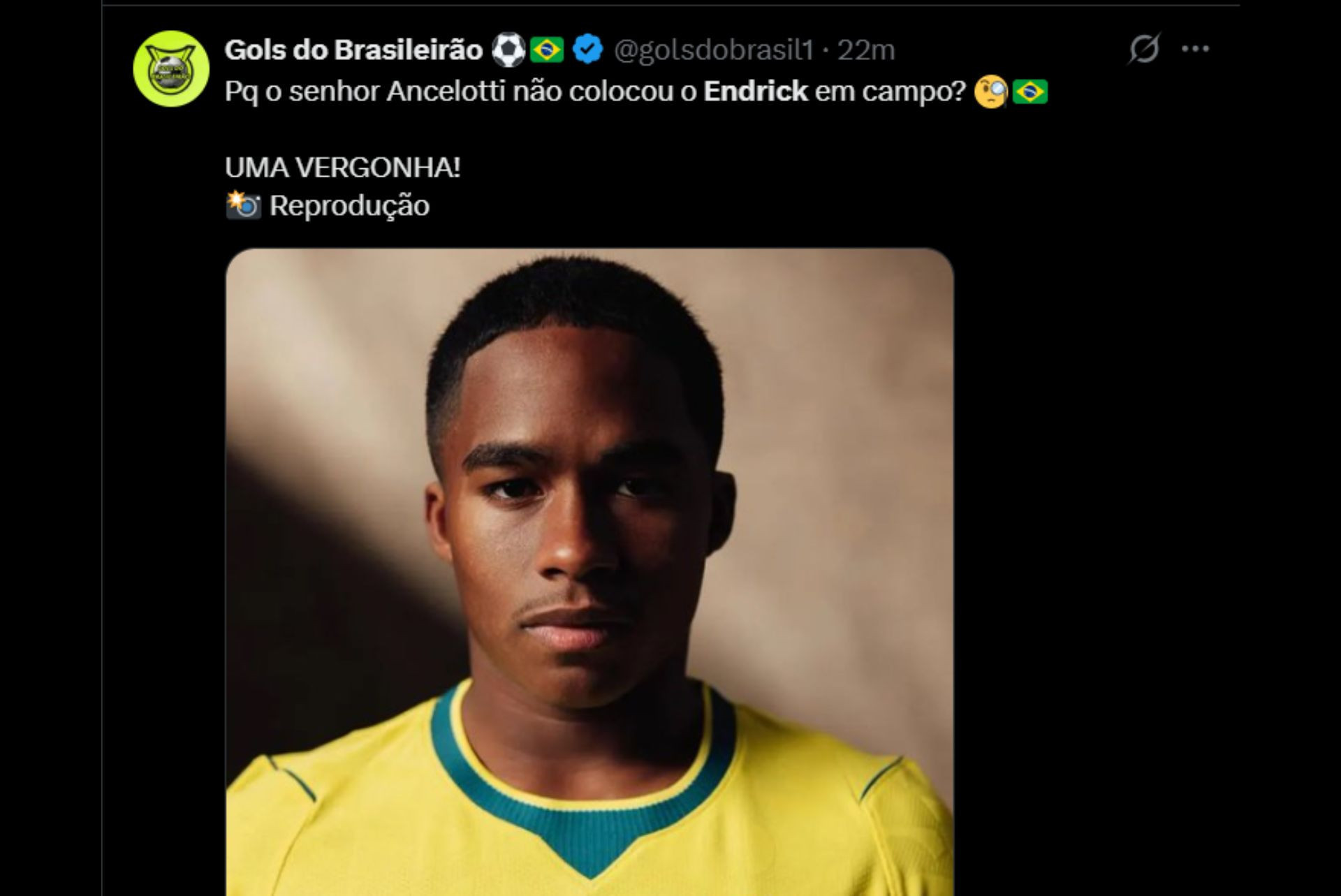 Torcedores criticam Ancelotti por não escalar Endrick - Reprodução / X
