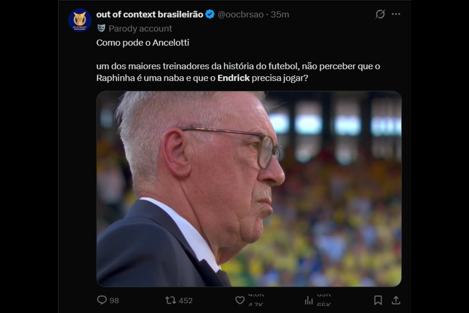 Torcedores criticam Ancelotti por não escalar Endrick - Reprodução / X