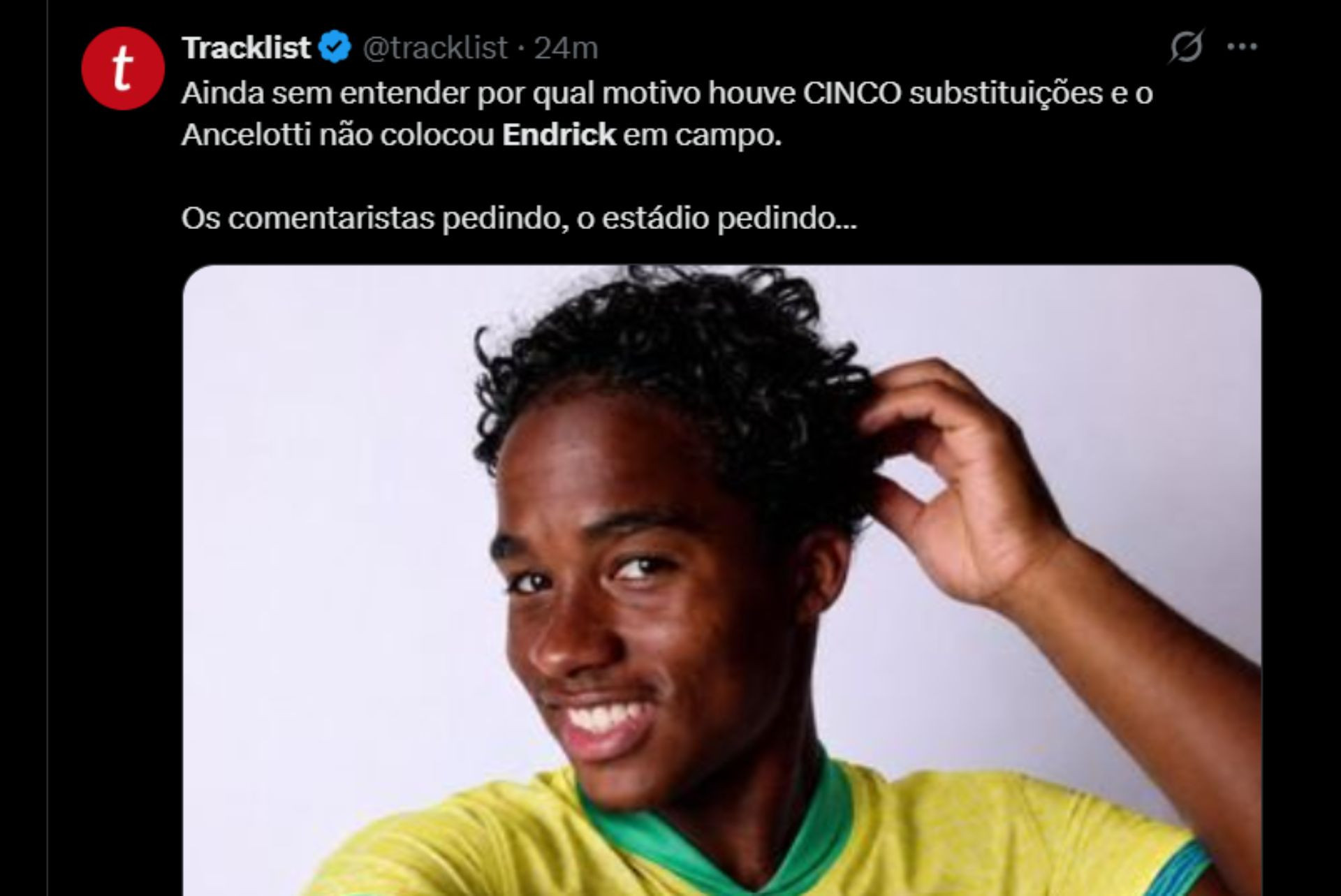 Torcedores criticam Ancelotti por não escalar Endrick - Reprodução / X