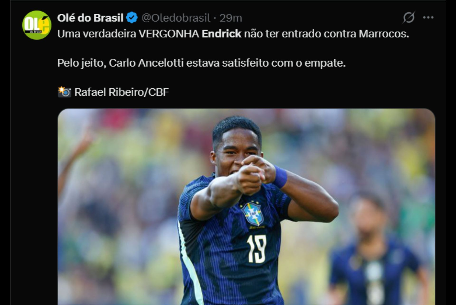 Torcedores criticam Ancelotti por não escalar Endrick - Reprodução / X