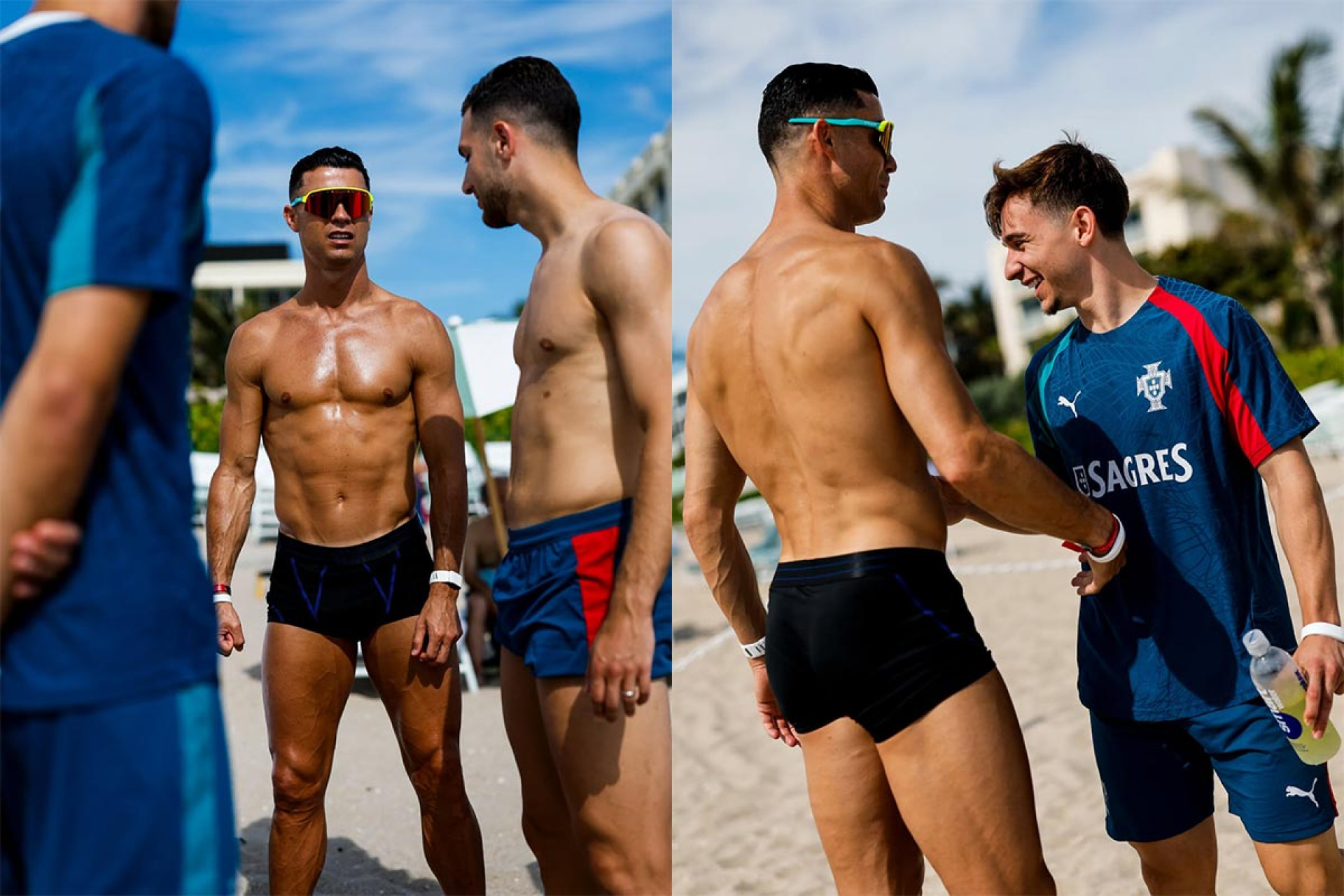 Cristiano Ronaldo exibe o f&iacute;sico de sunga em treino de Portugal; veja fotos