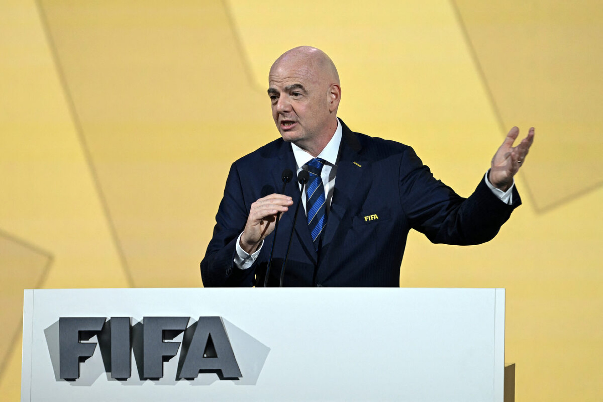 FIFA President Gianni Infantino delivers closing remarks during the 74th FIFA Congress in Bangkok on May 17, 2024. The 74th FIFA Congress is taking place in Bangkok with member associations voting on a range of issues including confirmation of the host nation or nations for the 2027 women's football World Cup. (Photo by Manan VATSYAYANA / AFP)