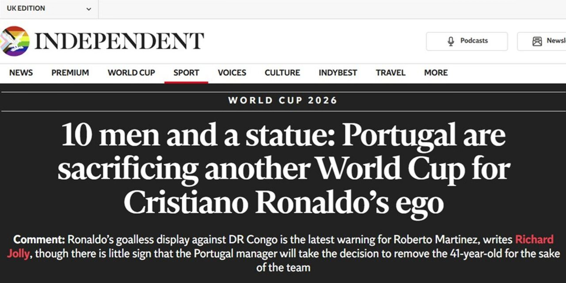 Imprensa internacional arrasa Cristiano Ronaldo: “Dez homens e uma est&aacute;tua”
