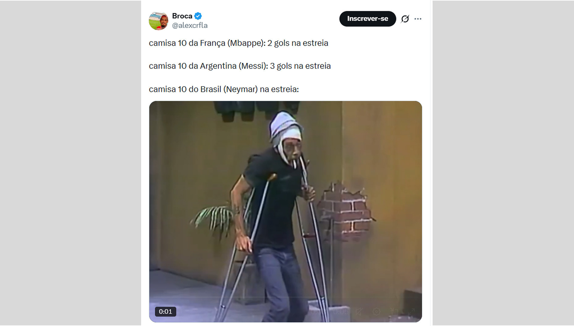 Internautas pegaram no pé de Neymar e lembraram ausência dele na seleção brasileira por causa de lesão - Reprodução do X