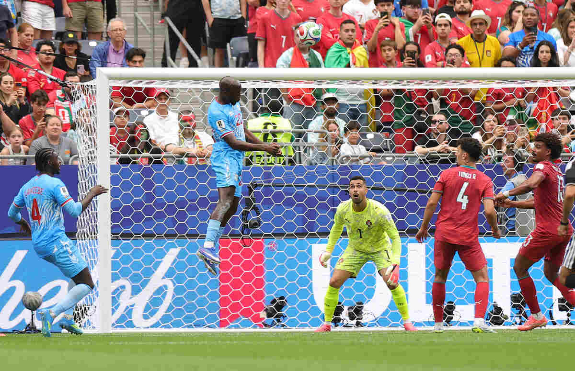 HOUSTON, TEXAS - JUNE 17: Yoane Wissa #20 of Congo DR scores his team's first goal during the FIFA World Cup 2026 Group K match between Portugal and Congo DR at Houston Stadium on June 17, 2026 in Houston, Texas. (Photo by Alex Slitz/Getty Images)