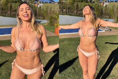 Sheila Mello exibe boa forma de biquíni nude