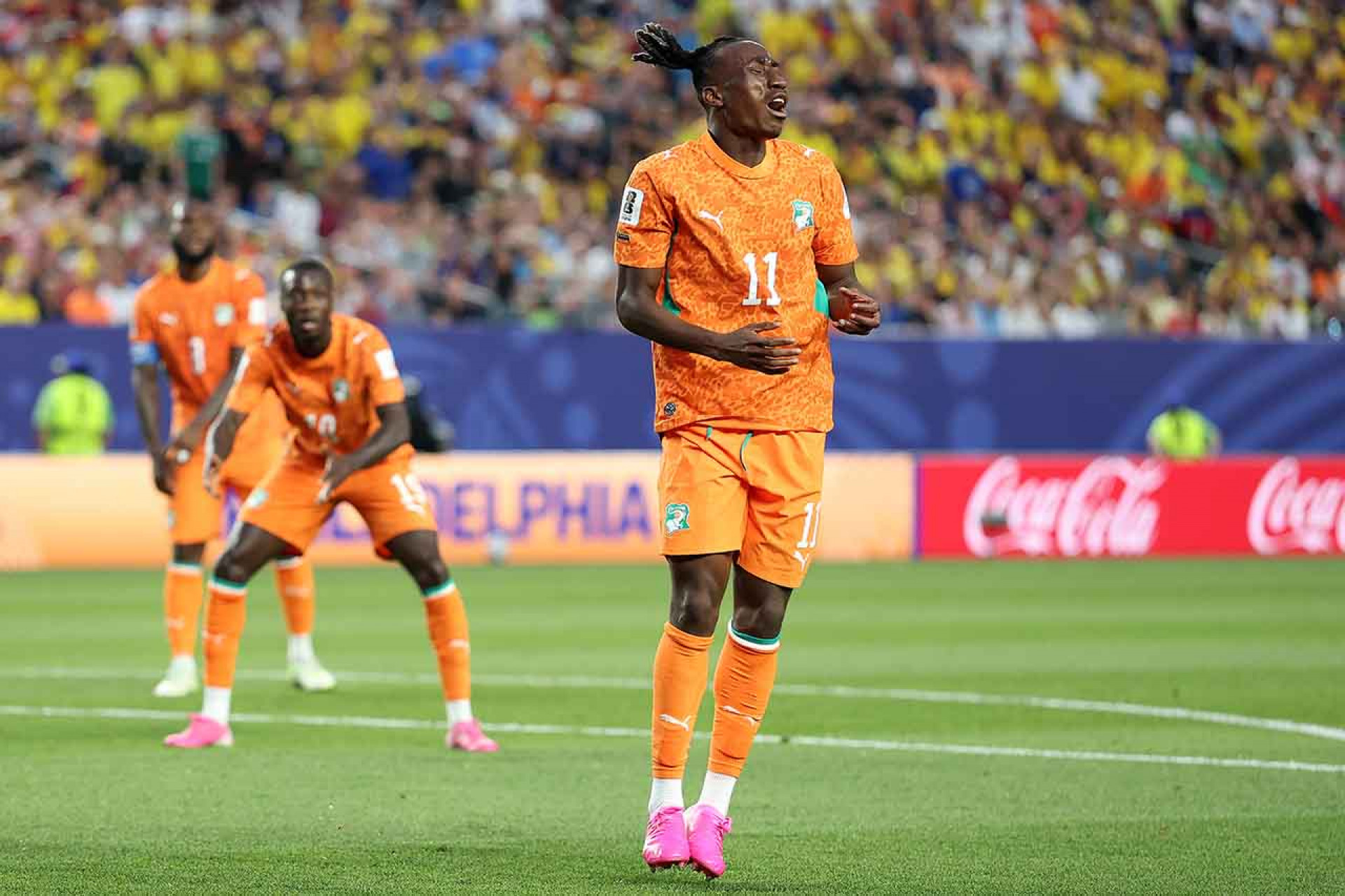 PHILADELPHIA, PENNSYLVANIA - JUNE 14: Yan Diomande #11 of Cote d'Ivoire reacts during the FIFA World Cup 2026 Group E match between Cote D'Ivoire and Ecuador at Philadelphia Stadium on June 14, 2026 in Philadelphia, Pennsylvania. (Photo by Dan Mullan/Getty Images)
