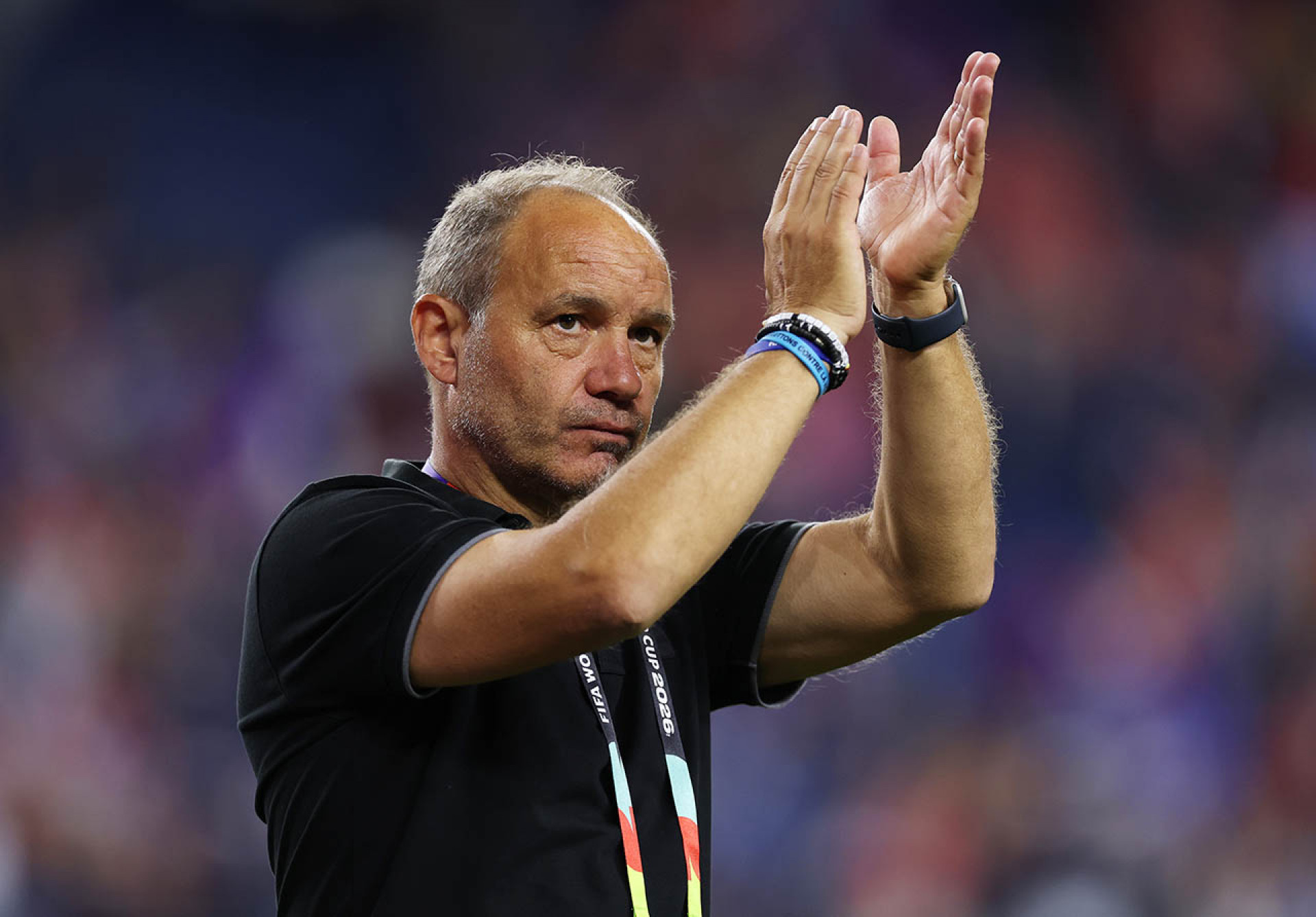 FOXBOROUGH, MASSACHUSETTS - JUNE 13: Sebastien Migne, Head Coach of Haiti, applauds fans after the team's 0-1 defeat in the FIFA World Cup 2026 Group C match between Haiti and Scotland at Boston Stadium on June 13, 2026 in Foxborough, Massachusetts. (Photo by Justin Setterfield/Getty Images)