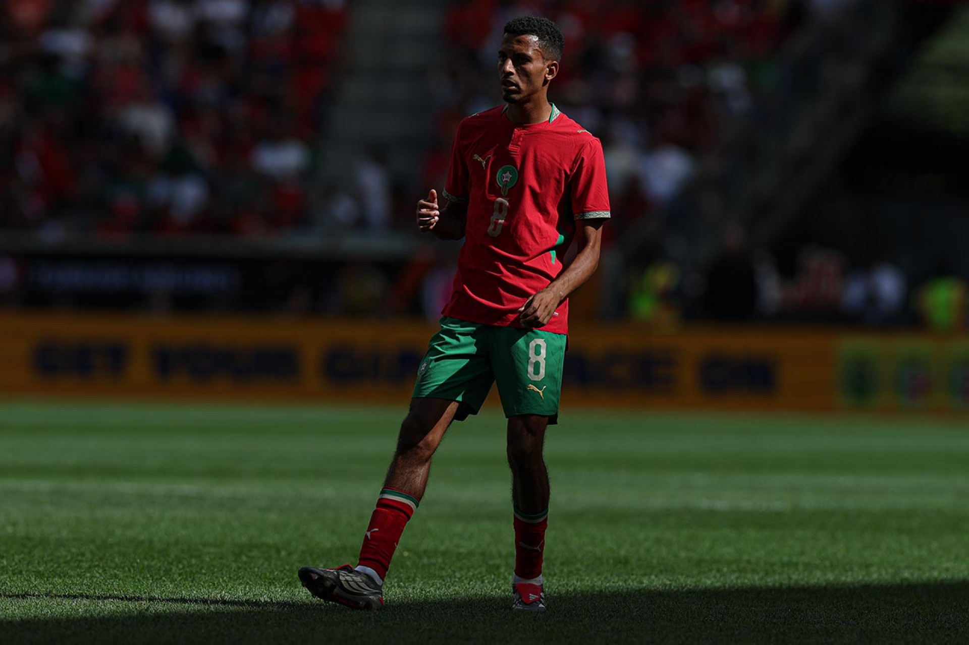HARRISON, NEW JERSEY - JUNE 7: Azzedine Ounahi #8 of Morocco in action against Norway during the international friendly match at Sports Illustrated Stadium on June 7, 2026 in Harrison, New Jersey. (Photo by Vincent Carchietta/Getty Images)