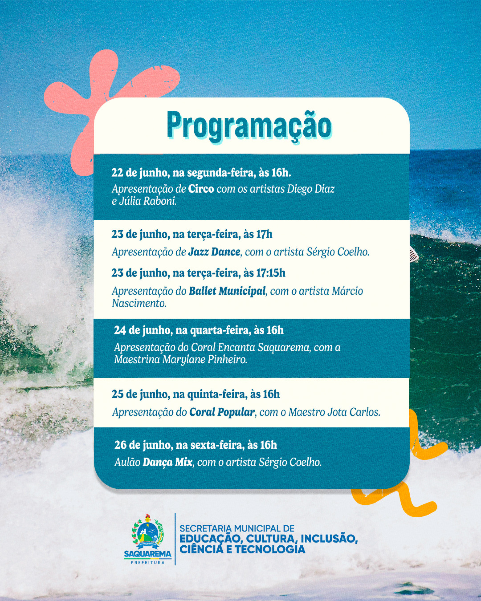 Programação das oficinas culturais durante a WSL - Divulgação/Prefeitura de Saquarema