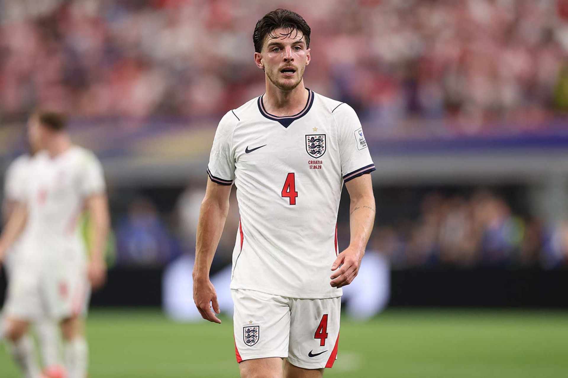 DALLAS, TEXAS - JUNE 17: Declan Rice of England during the FIFA World Cup 2026 Group L match between England and Croatia at Dallas Stadium on June 17, 2026 in Dallas, Texas. (Photo by Michael Steele/Getty Images)