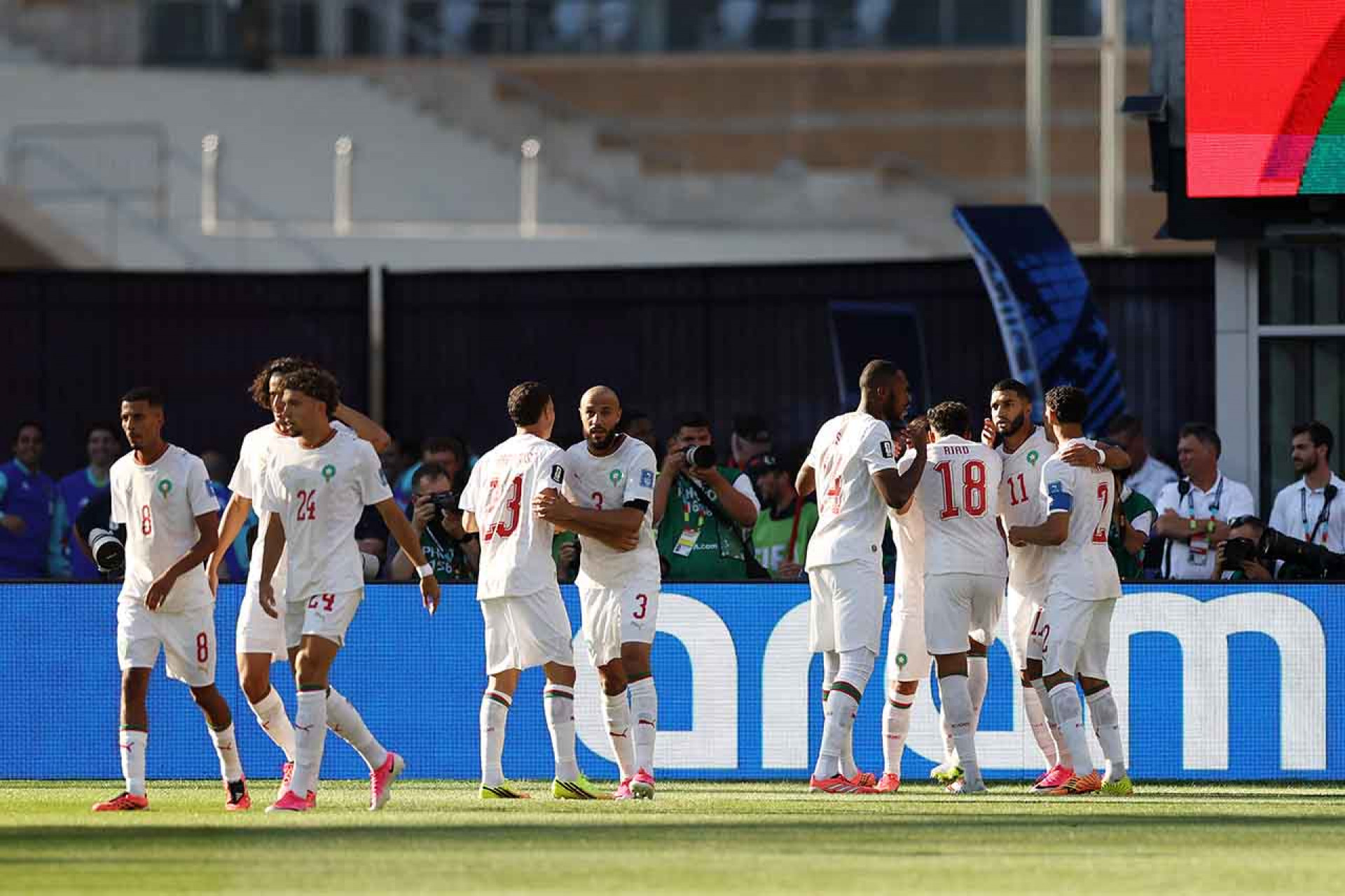 FOXBOROUGH, MASSACHUSETTS - JUNE 19: Ismael Saibari (2nd R) #11 of Morocco celebrates with teammates after scoring his team's first goal during the FIFA World Cup 2026 Group C match between Scotland and Morocco at Boston Stadium on June 19, 2026 in Foxborough, Massachusetts. (Photo by Buda Mendes/Getty Images)