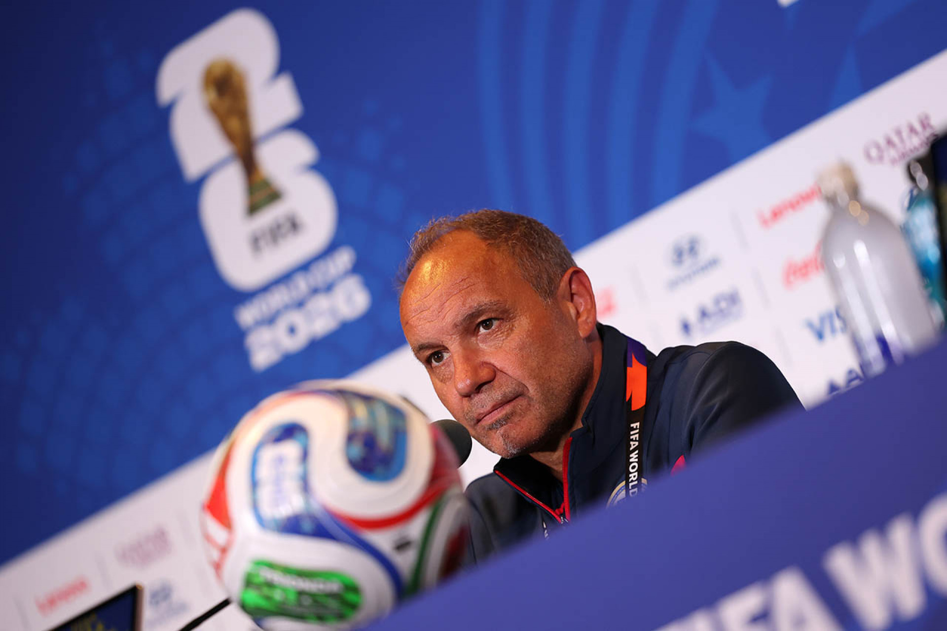 BOSTON, MASSACHUSETTS - JUNE 12: Sebastien Migne, Head Coach of Haiti, speaks during the press conference of Haiti one day ahead of the FIFA World Cup 2026 Group C match between Haiti and Scotland at Boston Stadium on June 12, 2026 in Boston, Massachusetts. (Photo by Mattia Ozbot/Getty Images)