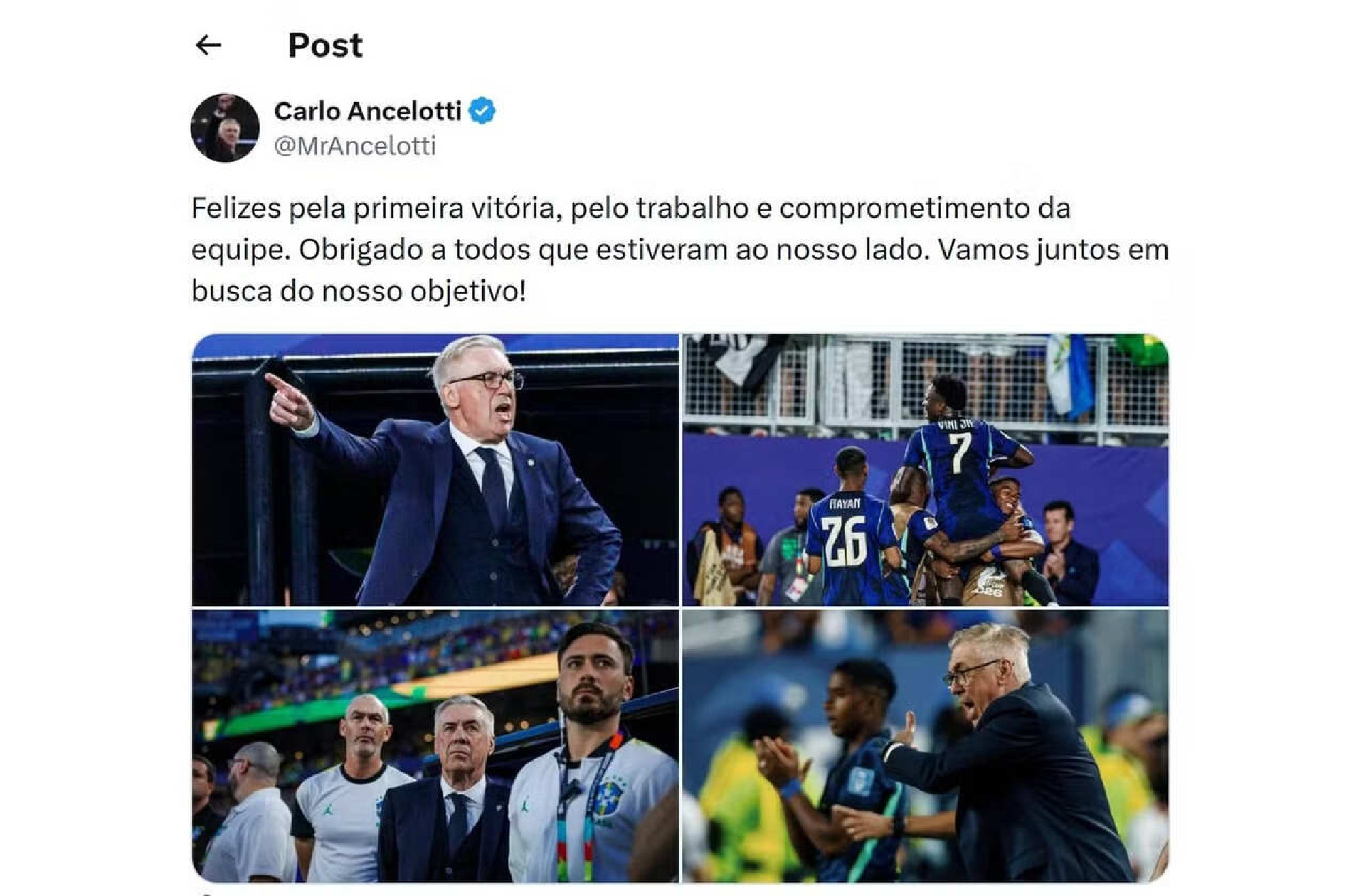 Ancelotti celebra vit&oacute;ria do Brasil em suas redes sociais: ”Vamos juntos”