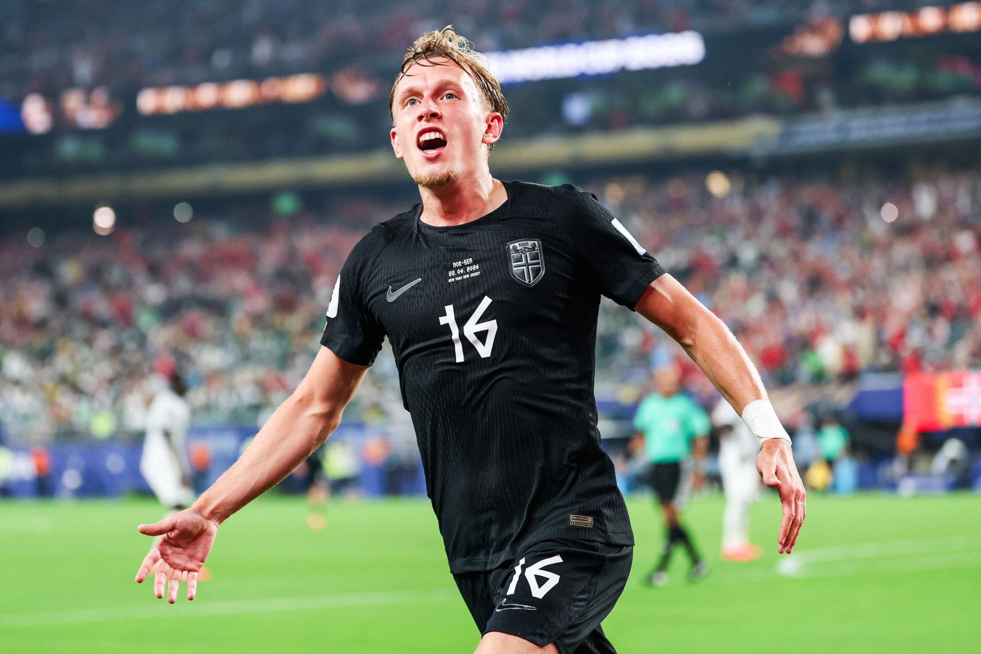 Marcus Holmgren Pedersen, jogador da Noruega, comemora seu gol durante a partida entre Noruega x Senegal, válida pela segunda rodada do Grupo I da fase de grupos da Copa do Mundo FIFA de 2026, no Estádio Nova York-Nova Jersey, em East Rutherford, Estados Unidos, nesta segunda-feira (22). - William Volcov/Parceiro/Agência O Dia
