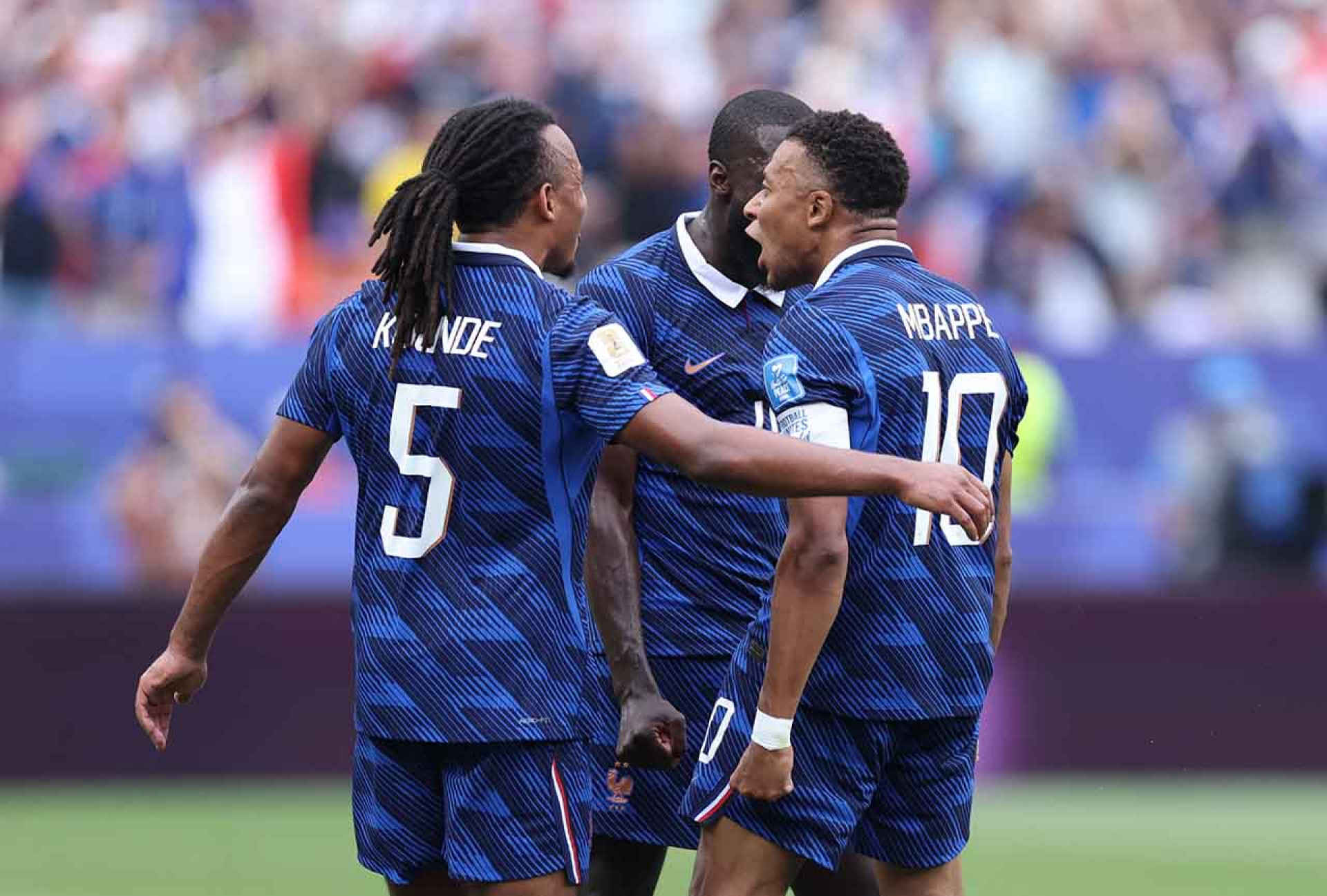 PHILADELPHIA, PENNSYLVANIA - JUNE 22: Kylian Mbappe #10 of France celebrates with teammates after scoring his team's first goal during the FIFA World Cup 2026 Group I match between France and Iraq at Philadelphia Stadium on June 22, 2026 in Philadelphia, Pennsylvania. (Photo by Kevin C. Cox/Getty Images)