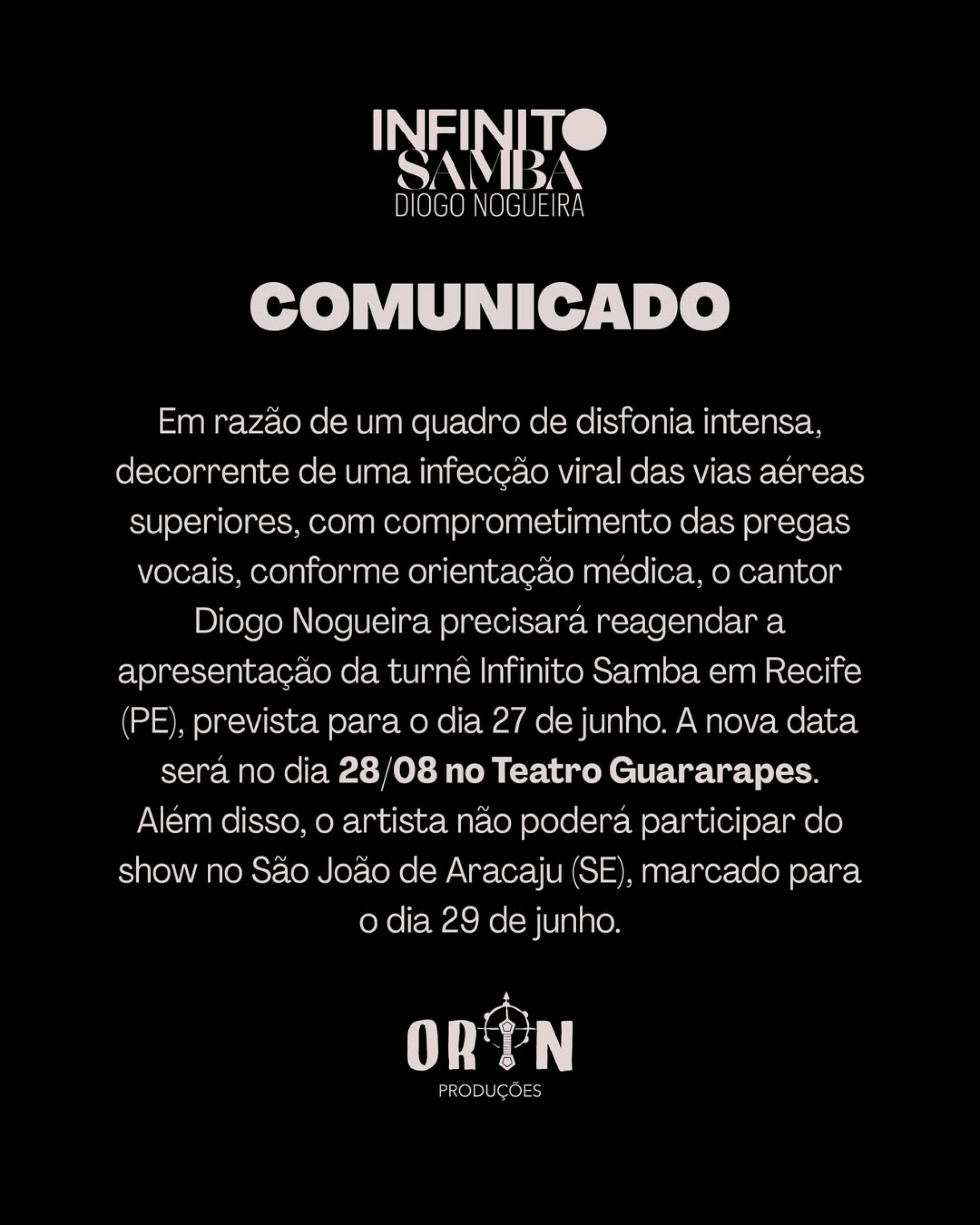 Diogo Nogueira divulgou comunicado sobre adiamento de apresentação  - Reprodução/Instagram 
