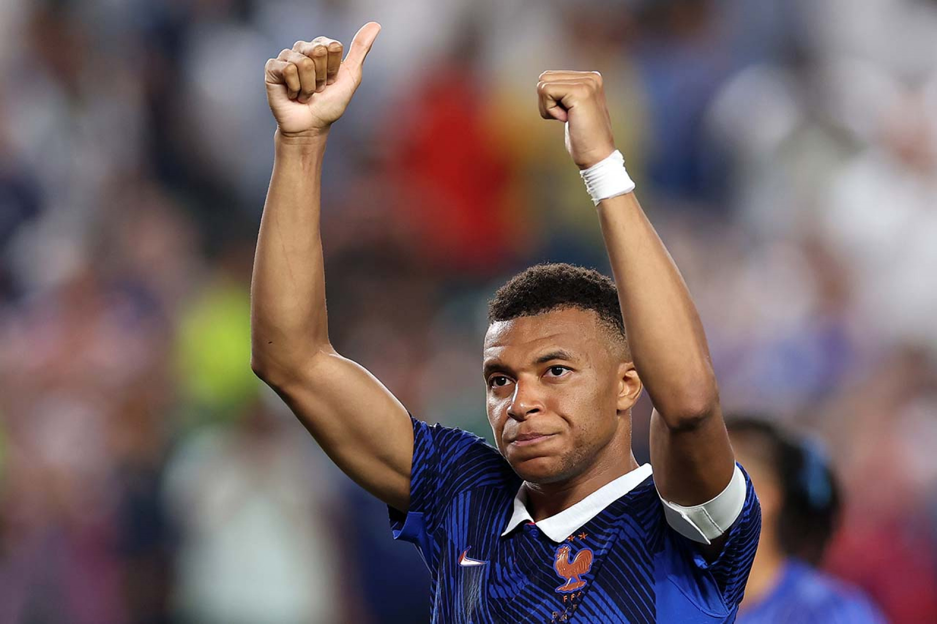 PHILADELPHIA, PENNSYLVANIA - JUNE 22: Kylian Mbappe #10 of France applauds fans after the team's 3-0 victory in during the FIFA World Cup 2026 Group I match between France and Iraq at Philadelphia Stadium on June 22, 2026 in Philadelphia, Pennsylvania. (Photo by Dan Mullan/Getty Images)