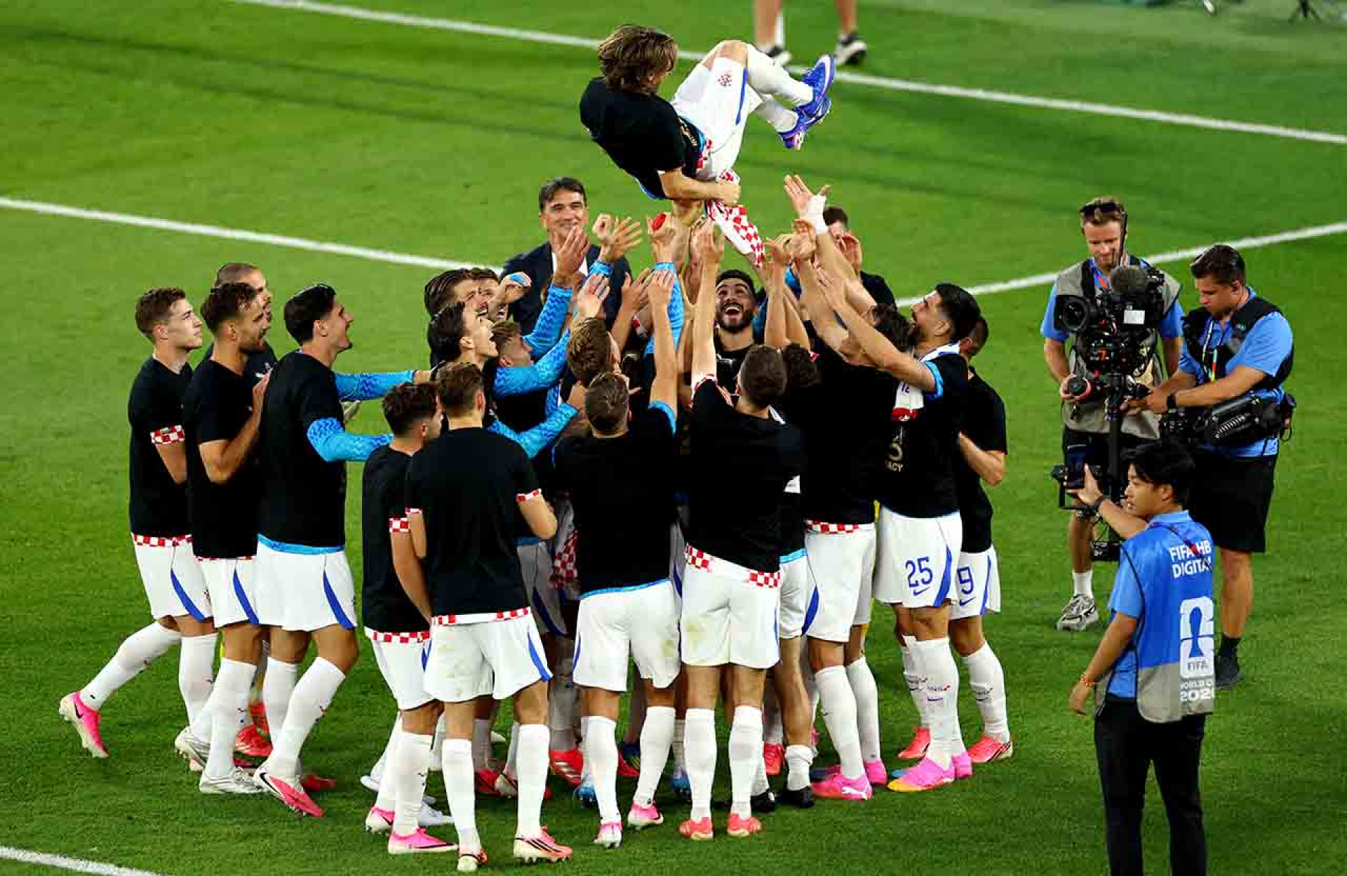 TORONTO, ONTARIO - JUNE 23: Luka Modric #10 of Croatia celebrates with teammates after earning his 200th cap during the FIFA World Cup 2026 Group L match between Panama and Croatia at Toronto Stadium on June 23, 2026 in Toronto, Ontario. (Photo by Megan Briggs/Getty Images)