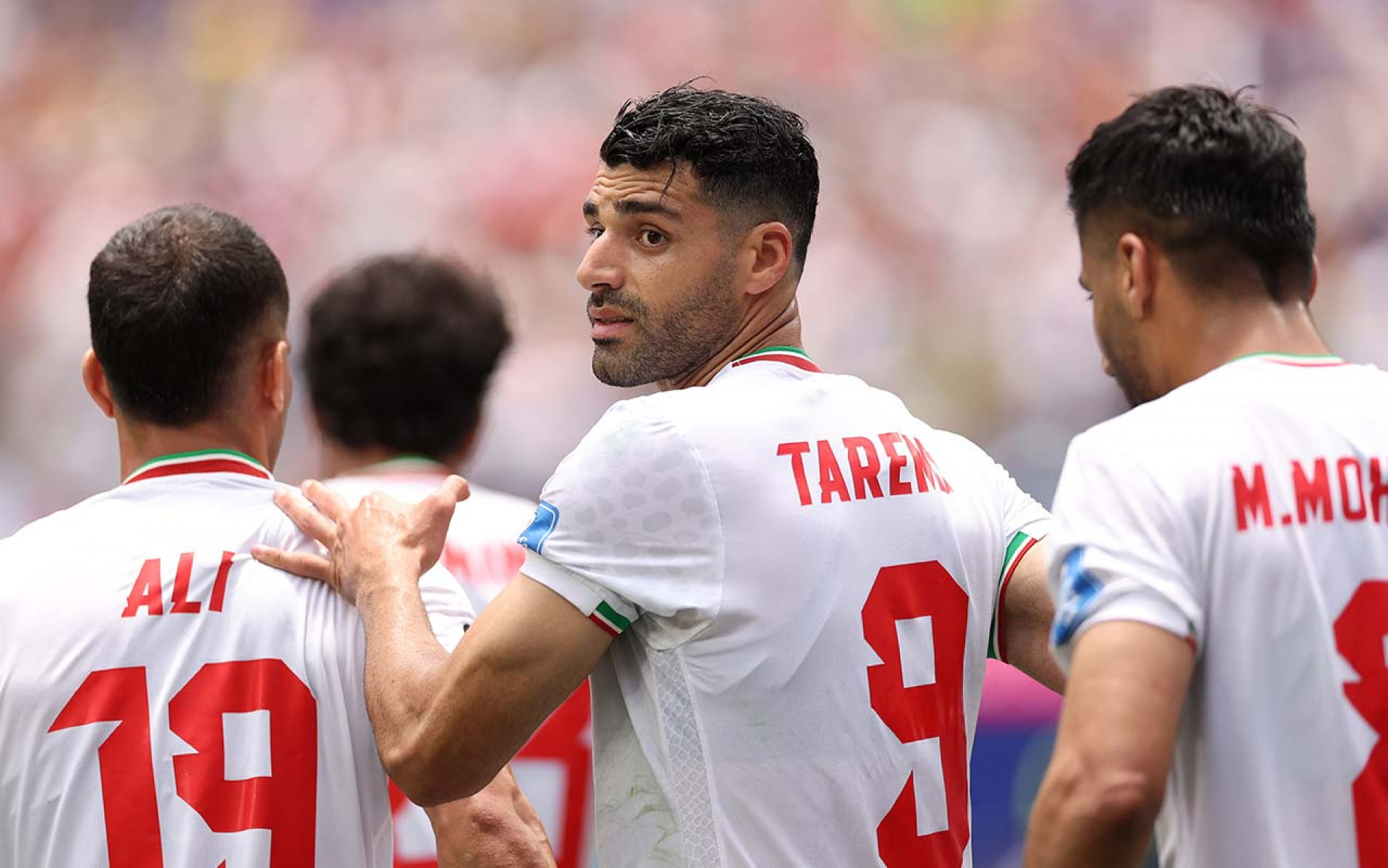 INGLEWOOD, CALIFORNIA - JUNE 21: Mehdi Taremi #9 of IR Iran celebrates with team mates after scoring, only to have the goal disallowed  during the FIFA World Cup 2026 Group G match between Belgium and IR Iran at Los Angeles Stadium on June 21, 2026 in Inglewood, California. (Photo by Stu Forster/Getty Images)