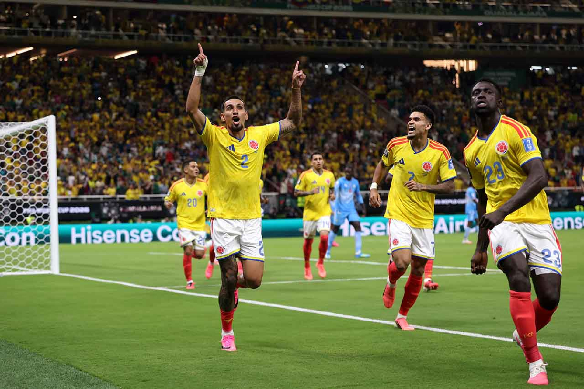 ZAPOPAN, MEXICO - JUNE 23: Daniel Munoz #2 of Colombia celebrates scoring his team's first goal during the FIFA World Cup 2026 Group K match between Colombia and Congo DR at Guadalajara Stadium on June 23, 2026 in Zapopan, Mexico. (Photo by Carl Recine/Getty Images)