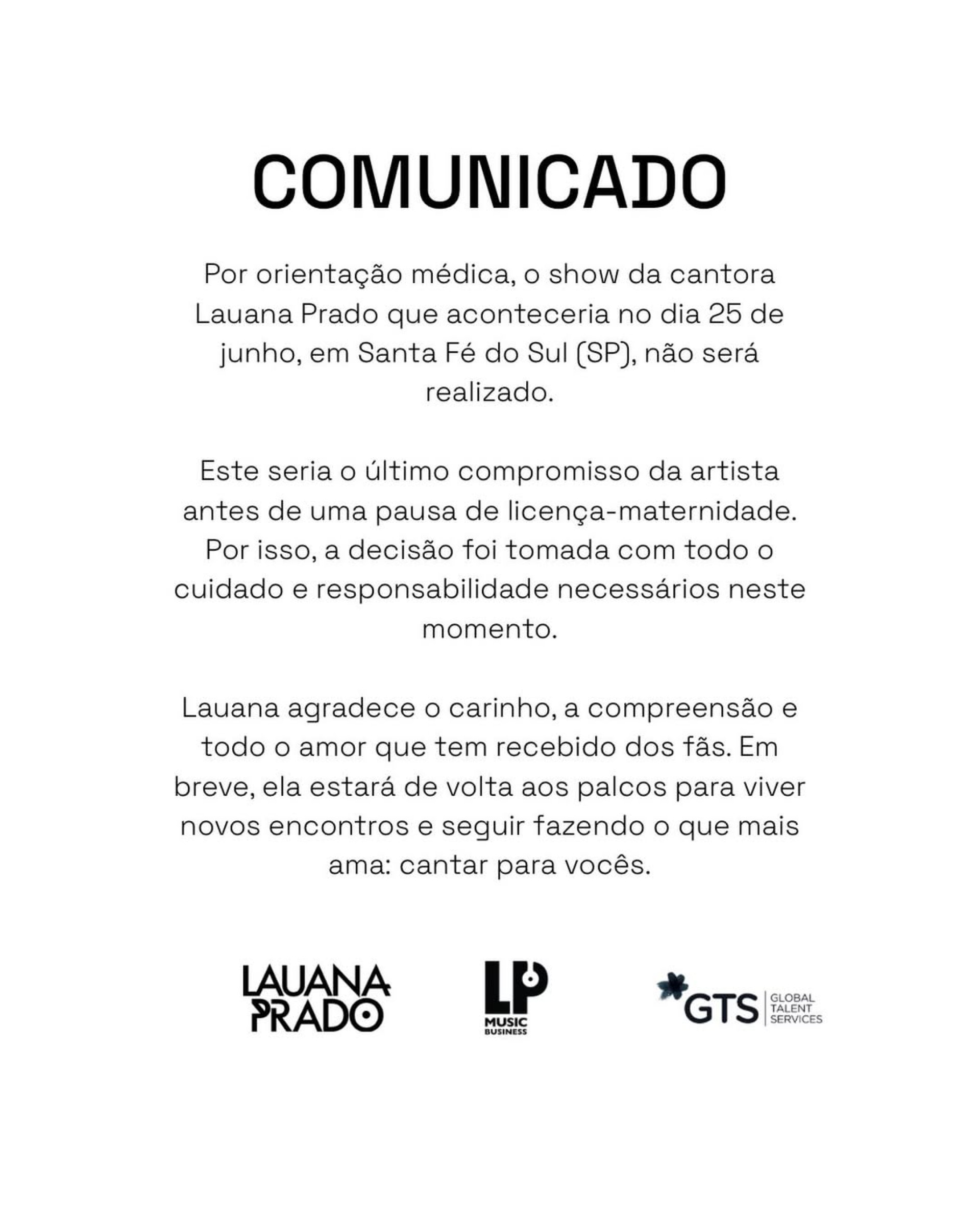 Lauana Prado anunciou cancelamento de apresentação em São Paulo  - Reprodução/Instagram