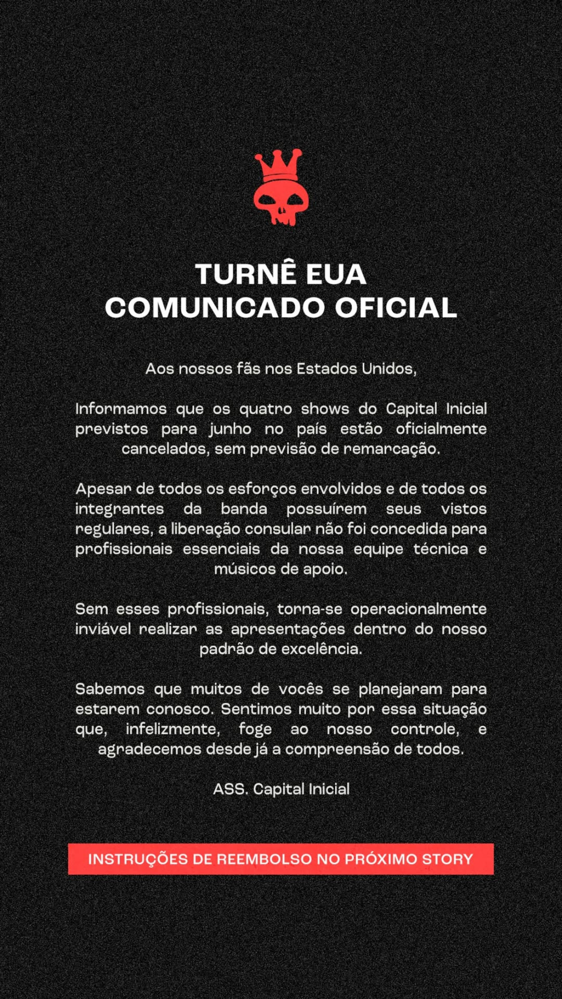 Comunicado divulgado pela banda Capital Inicial  - Reprodução/Instagram