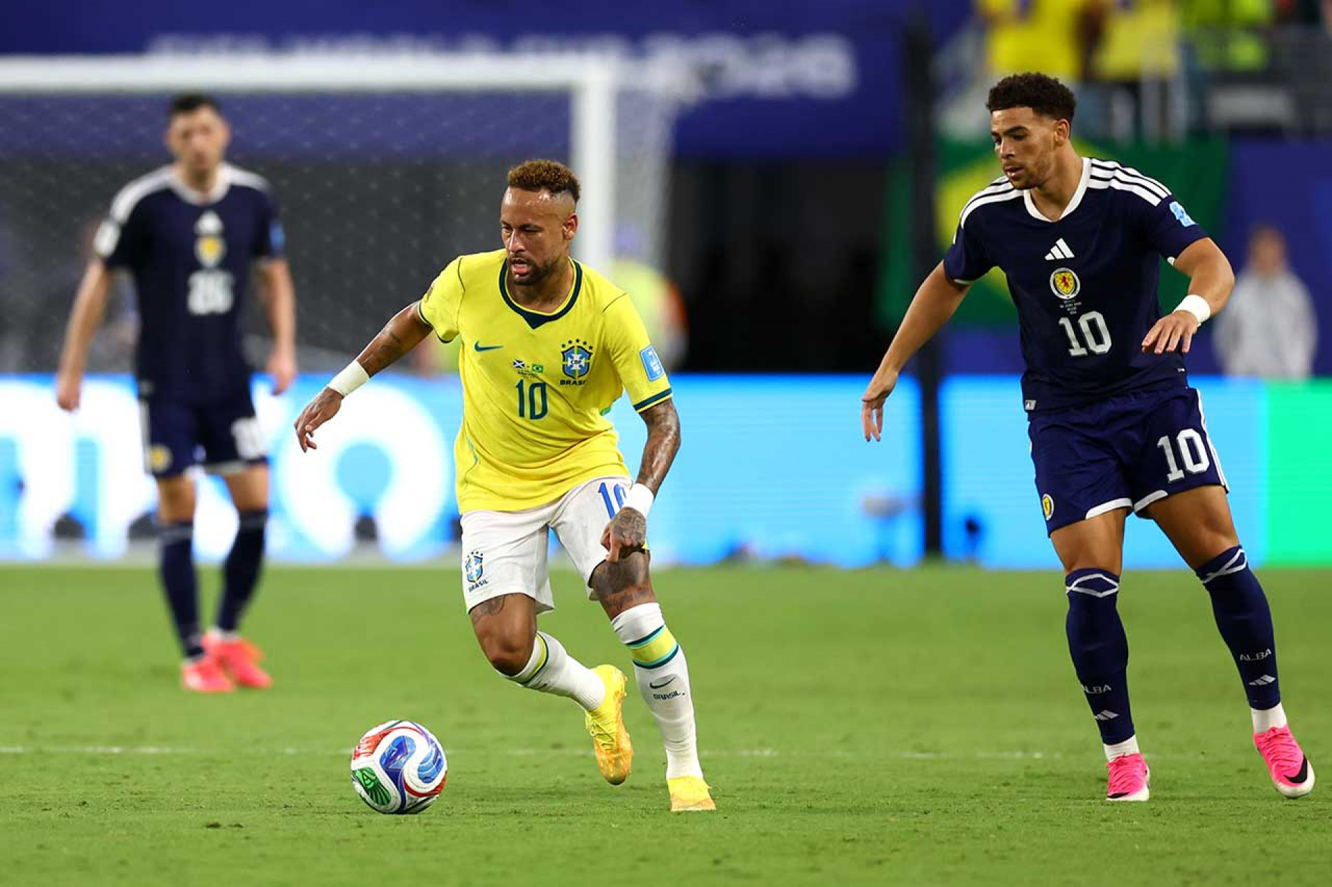 MIAMI GARDENS, FLORIDA - JUNE 24: Neymar Jr #10 of Brazil controls the ball during the FIFA World Cup 2026 Group C match between Scotland and Brazil at Miami Stadium on June 24, 2026 in Miami Gardens, Florida. (Photo by Megan Briggs/Getty Images)