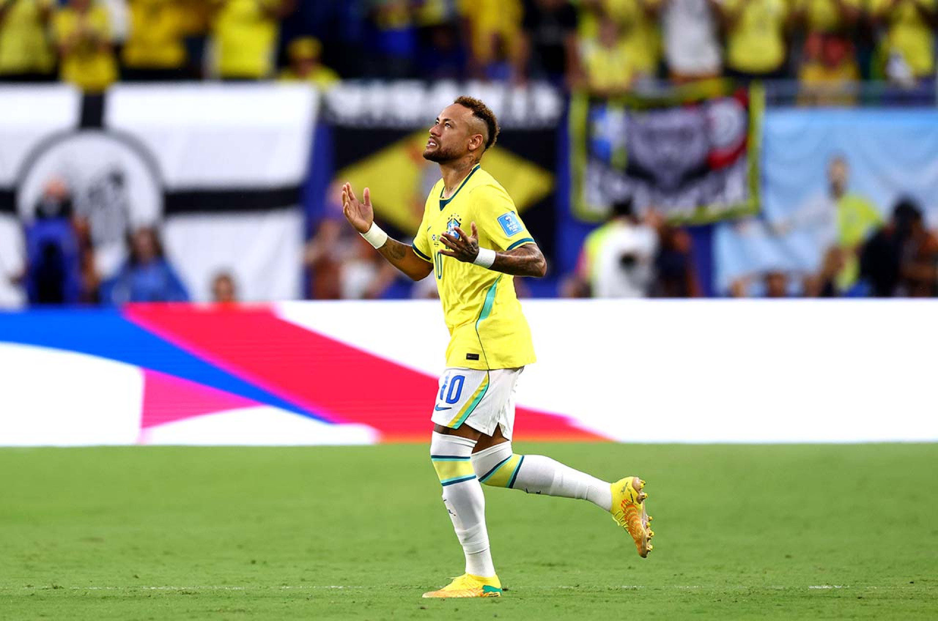 MIAMI GARDENS, FLORIDA - JUNE 24: Neymar Jr #10 of Brazil prays as he is substituted in during the FIFA World Cup 2026 Group C match between Scotland and Brazil at Miami Stadium on June 24, 2026 in Miami Gardens, Florida. (Photo by Megan Briggs/Getty Images)