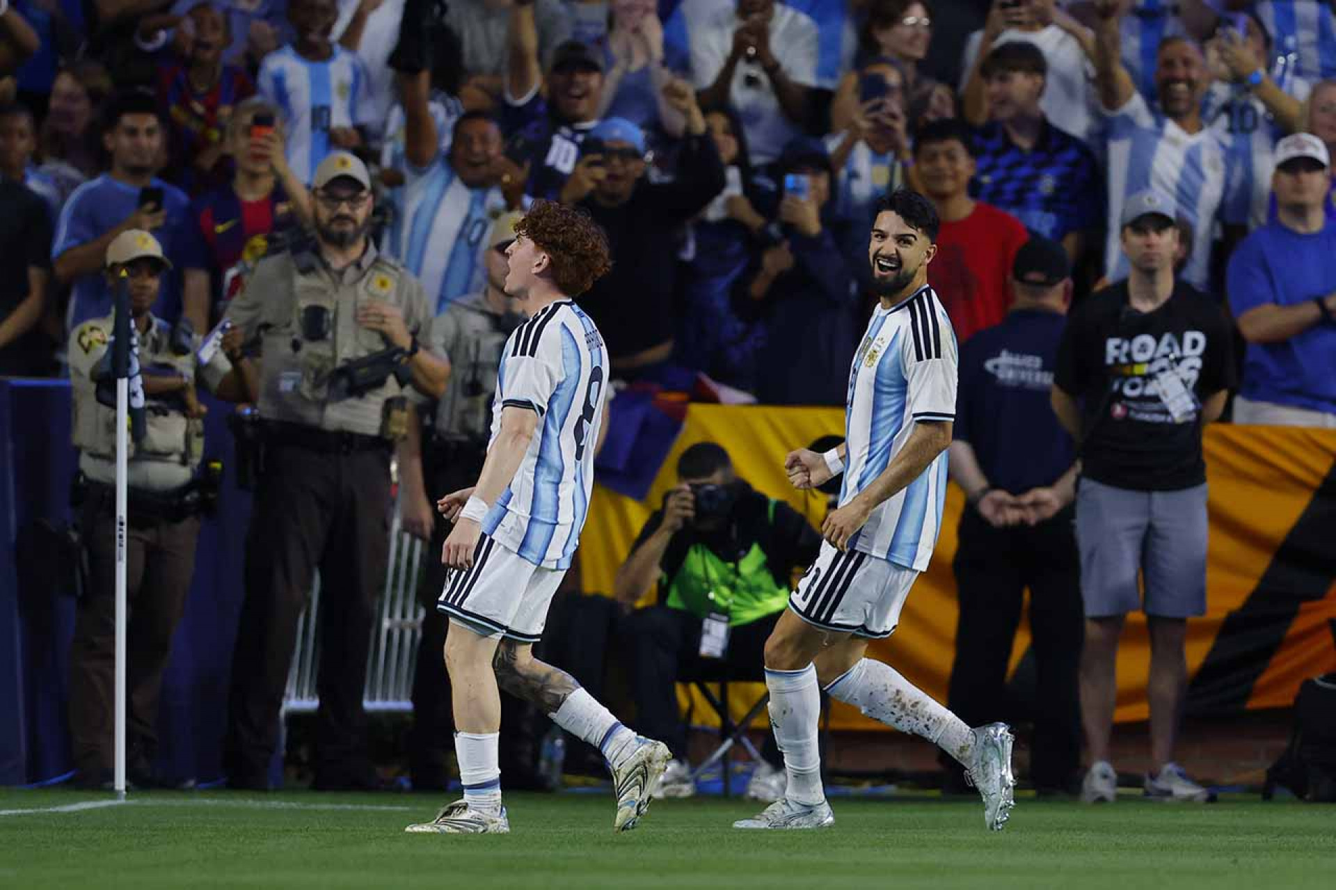 AUBURN, ALABAMA - JUNE 09: Valentin Barco of Argentina celebrates with teammate Juan Manuel Lopez after scoring the team's first goal during the international friendly match between Argentina and Iceland at Jordan-Hare Stadium on June 09, 2026 in Auburn, Alabama. (Photo by Todd Kirkland/Getty Images)