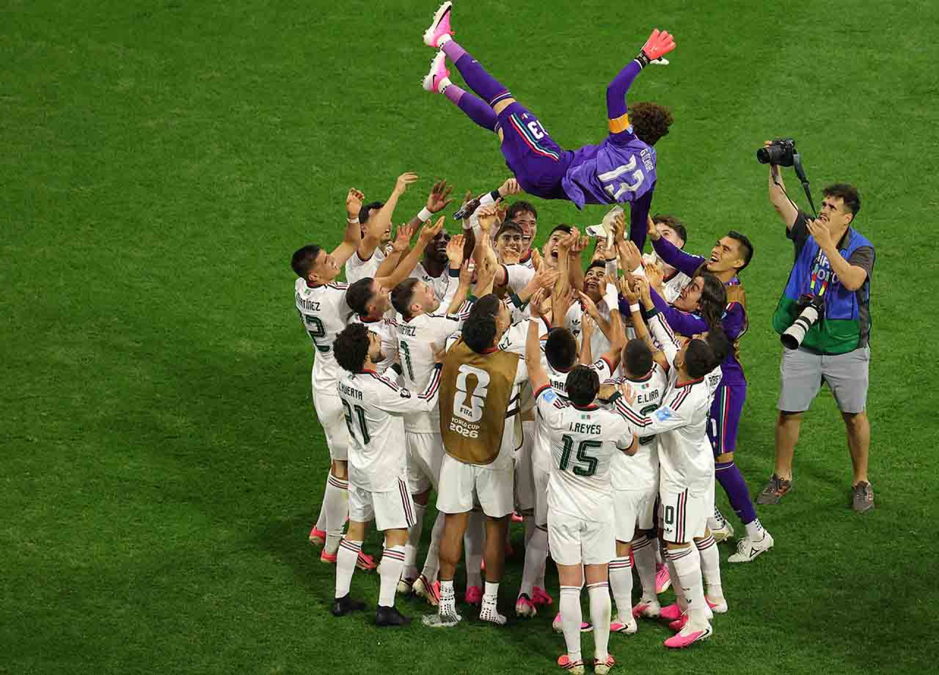 MEXICO CITY, MEXICO - JUNE 24: Guillermo Ochoa #13 of Mexico is tossed into the air by his teammates after the team's 3-0 victory in the FIFA World Cup 2026 Group A match between Czechia and Mexico at Mexico City Stadium on June 24, 2026 in Mexico City, Mexico. (Photo by Alex Slitz/Getty Images)