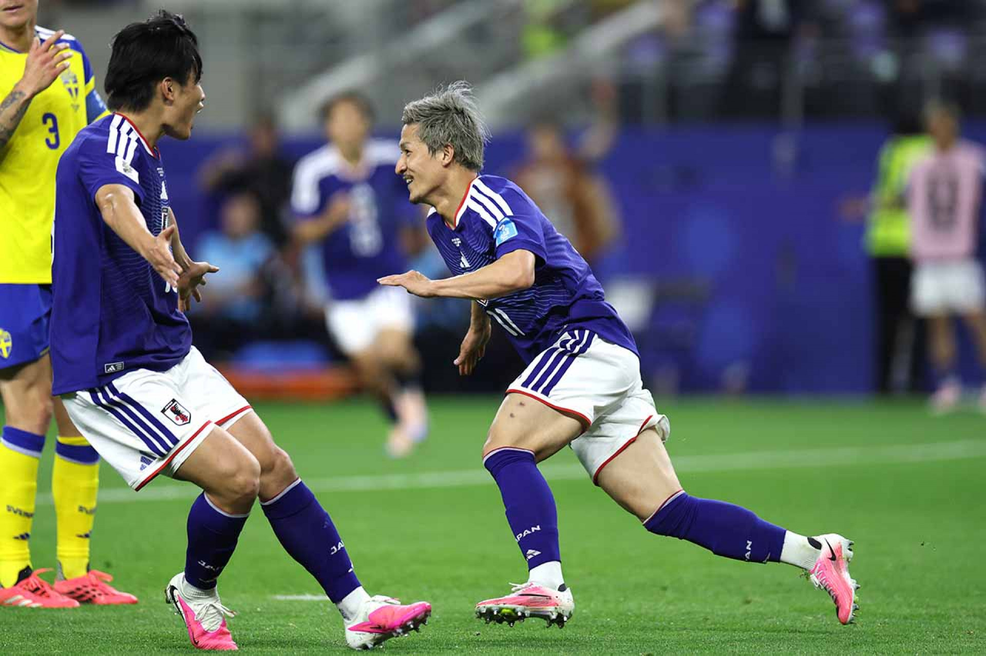ARLINGTON, TEXAS - JUNE 25: Daizen Maeda #11 of Japan celebrates scoring his team's first goal during the FIFA World Cup 2026 Group F match between Japan and Sweden at Dallas Stadium on June 25, 2026 in Arlington, Texas. (Photo by Stacy Revere/Getty Images)