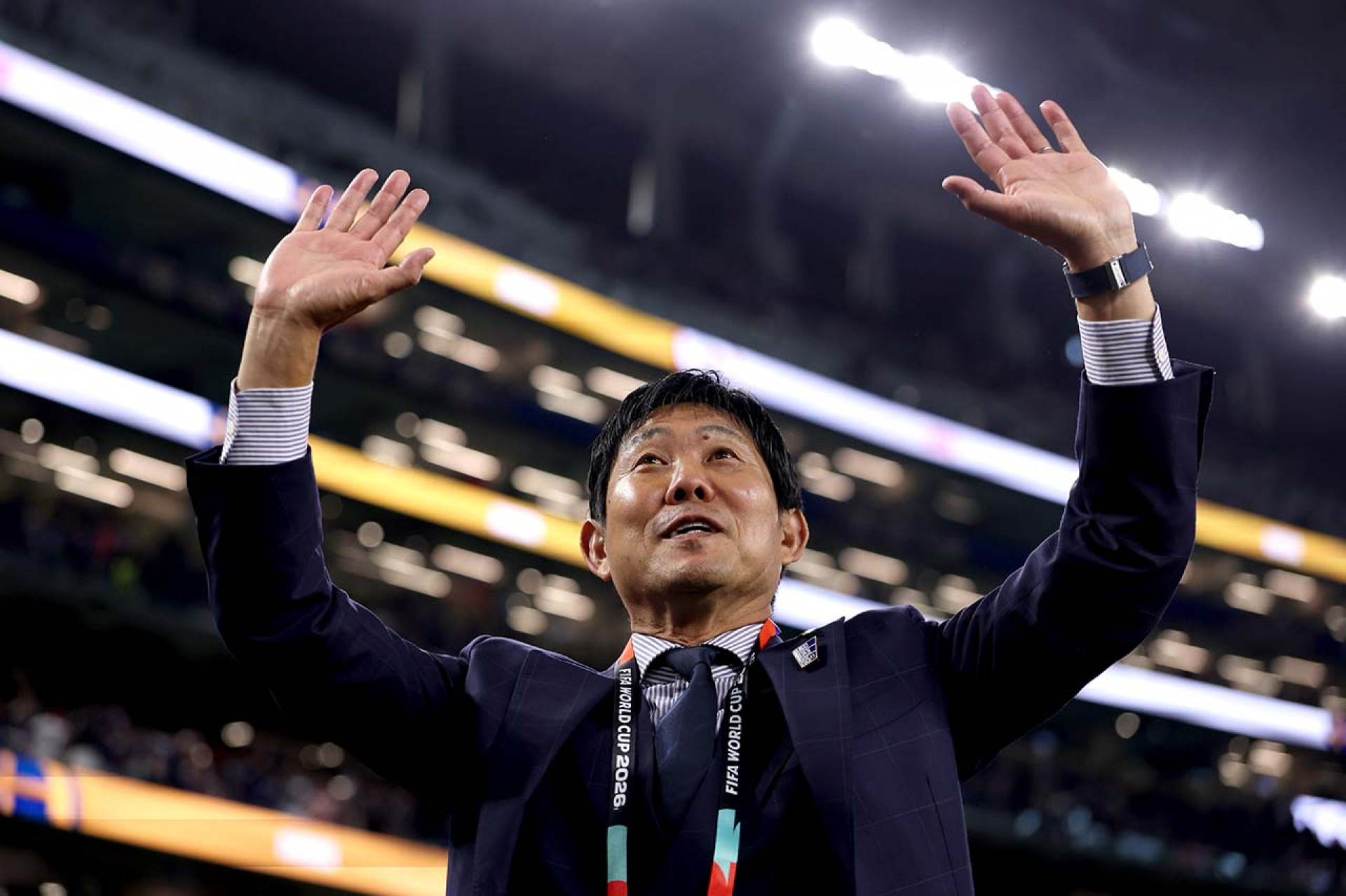 ARLINGTON, TEXAS - JUNE 25: Hajime Moriyasu, Head Coach of Japan, acknowledges fans after the 1-1 draw in the FIFA World Cup 2026 Group F match between Japan and Sweden at Dallas Stadium on June 25, 2026 in Arlington, Texas. (Photo by Molly Darlington/Getty Images)