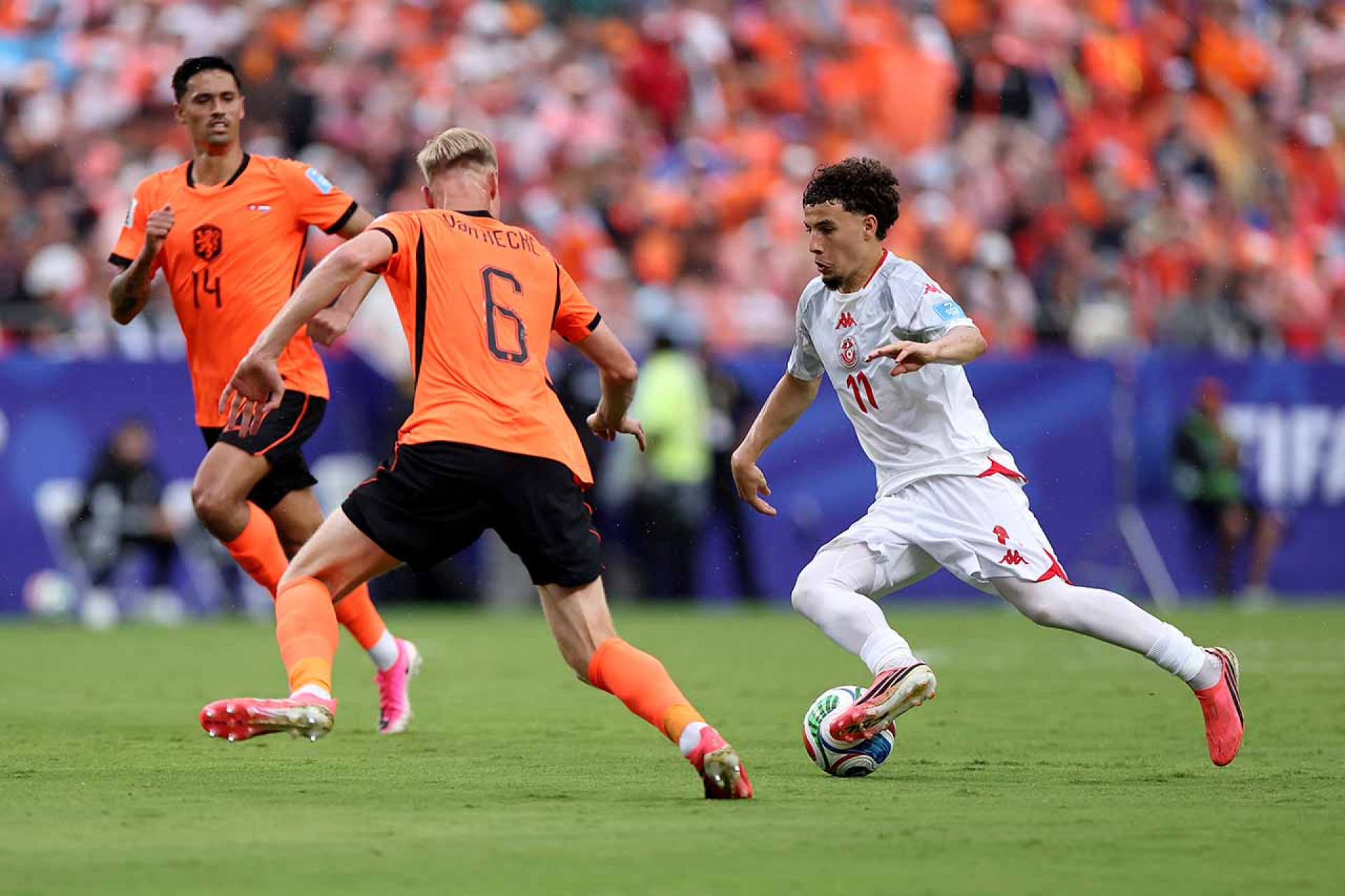 KANSAS CITY, MISSOURI - JUNE 25: Ismael Gharbi #11 of Tunisia controls the ball under pressure from Tijjani Reijnders #14 and Jan-Paul van Hecke #6 of Netherlands during the FIFA World Cup 2026 Group F match between Tunisia and Netherlands at Kansas City Stadium on June 25, 2026 in Kansas City, Missouri. (Photo by Francois Nel/Getty Images)