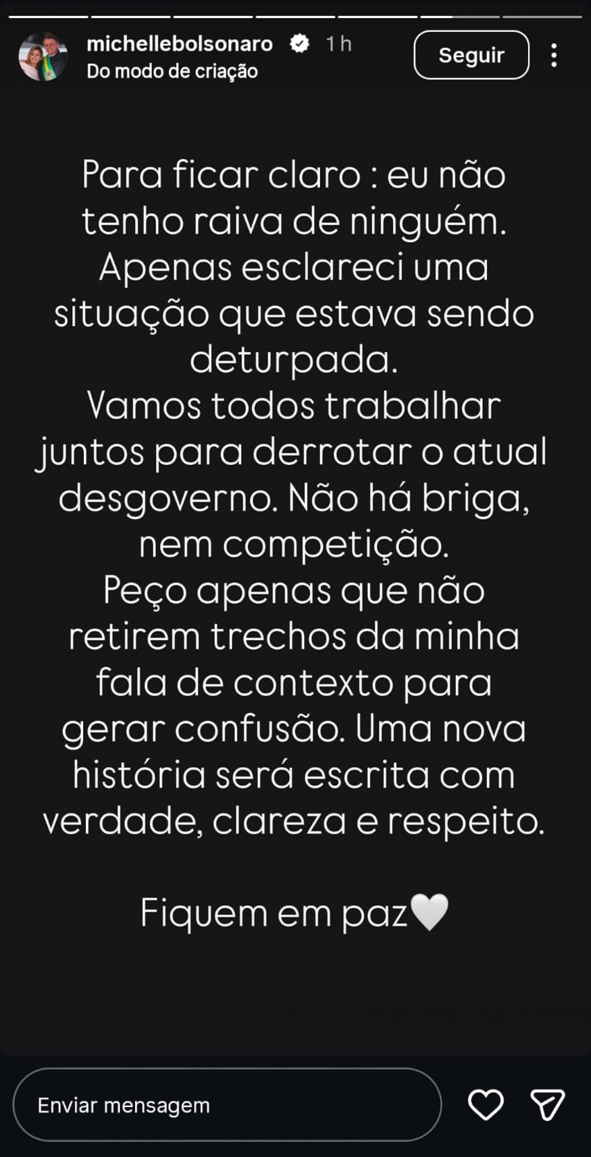 'N&atilde;o h&aacute; briga, nem competi&ccedil;&atilde;o', disse Michelle Bolsonaro - Reprodu&ccedil;&atilde;o / Instagram